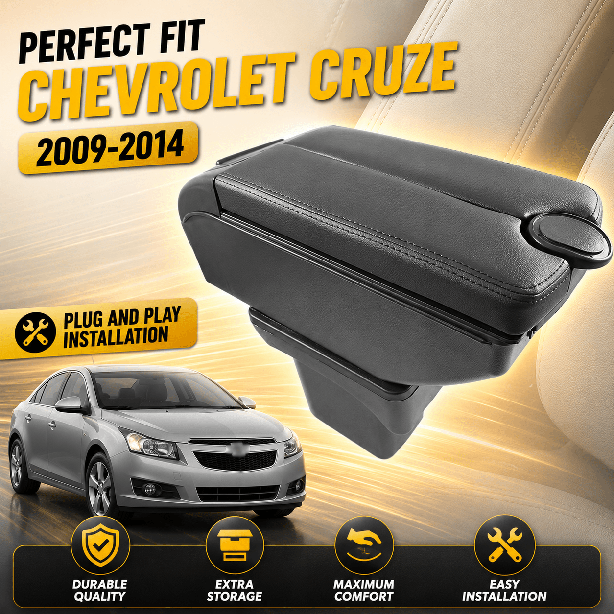 Car Armrest Center Console Organizer Box Compatible With Cruze 2009-2014, Black Leather Storage Compartment With 3d Rotatable Sliding Cover