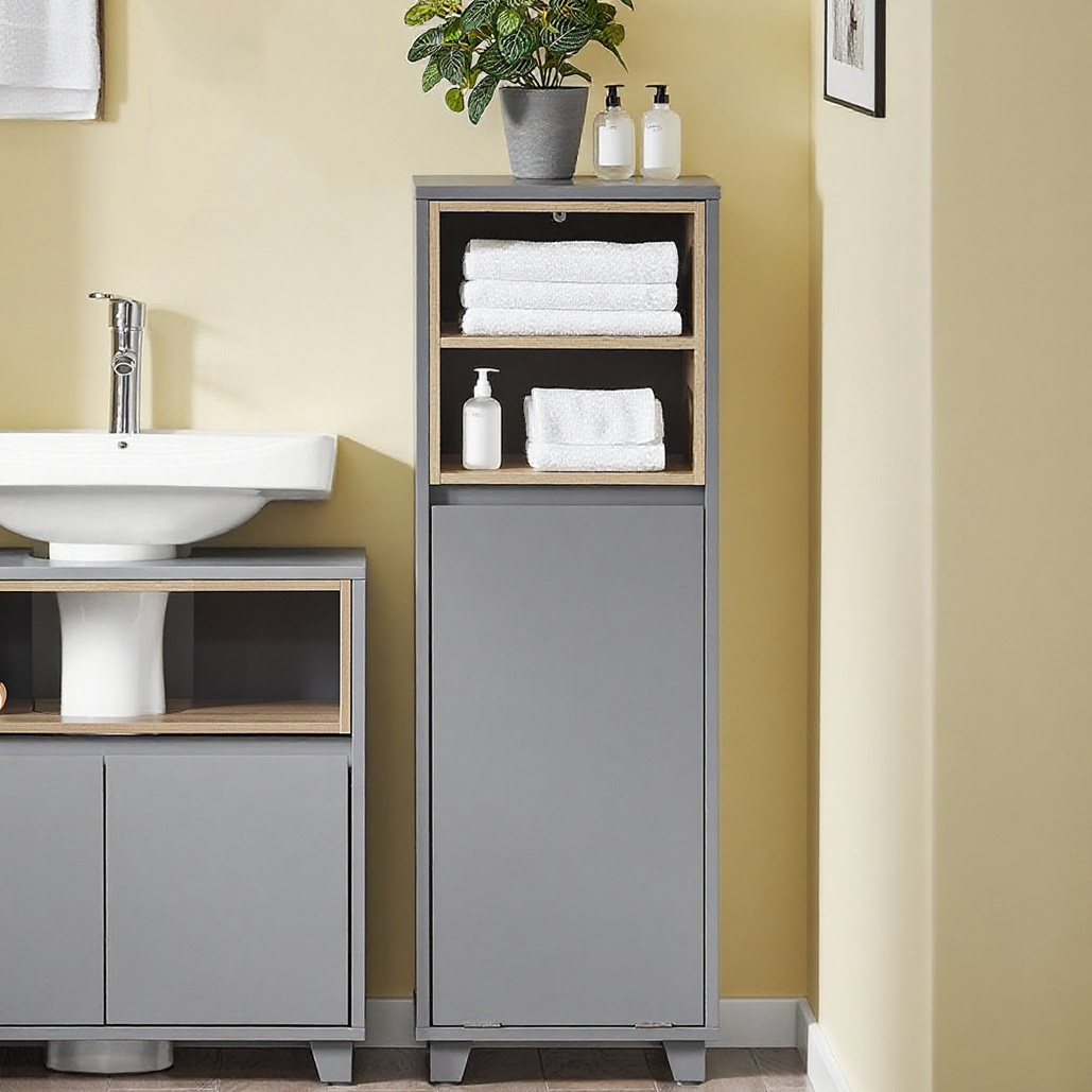 TEMU 1 Pezzo di Arredamento Bagno con Cesto Portabiancheria Pieghevole, Mobiletto Bagno Stretto a 2 Scomparti, Separatore Lavanderia Rimovibile e