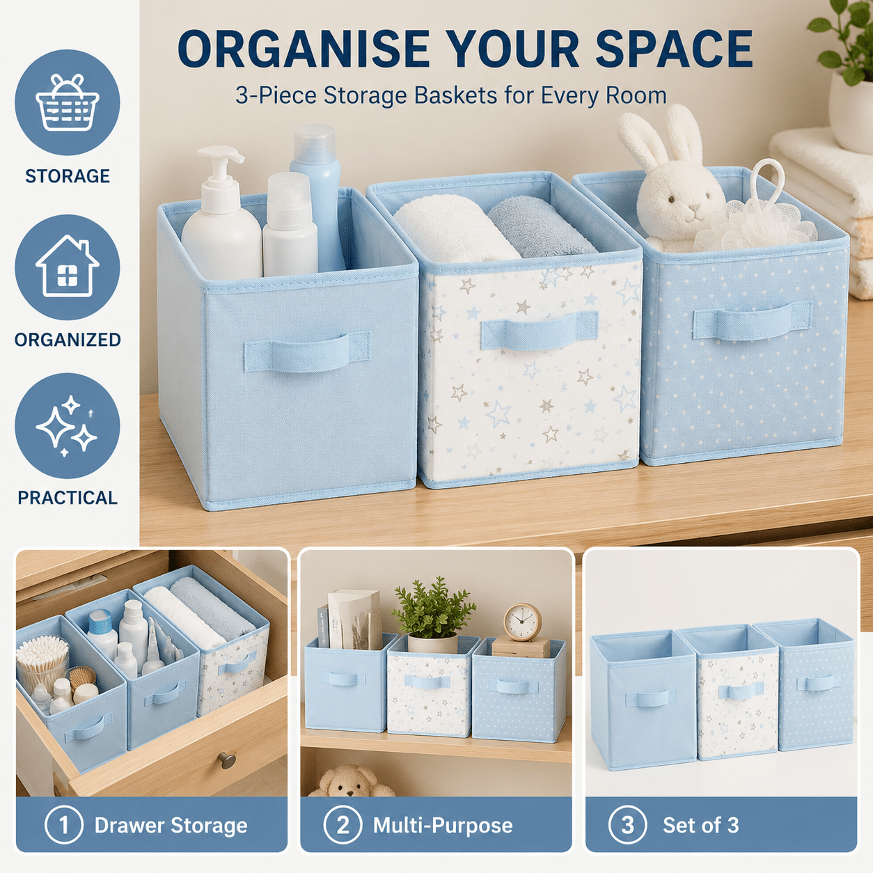 Set Of 3 Blue Storage Baskets For Drawers And Shelves – Multifunctional Organizers For Kitchen, Bathroom And Office