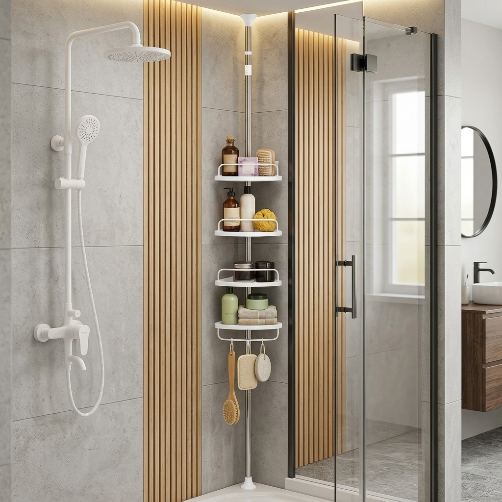 Image of Height-adjustable Shower Shelf, Corner Shelf For The Bathroom, Bathroom Shelf, Overall Height 95-300 Cm, Height-adjustable, From Floor To Ceiling, Stainless Steel.