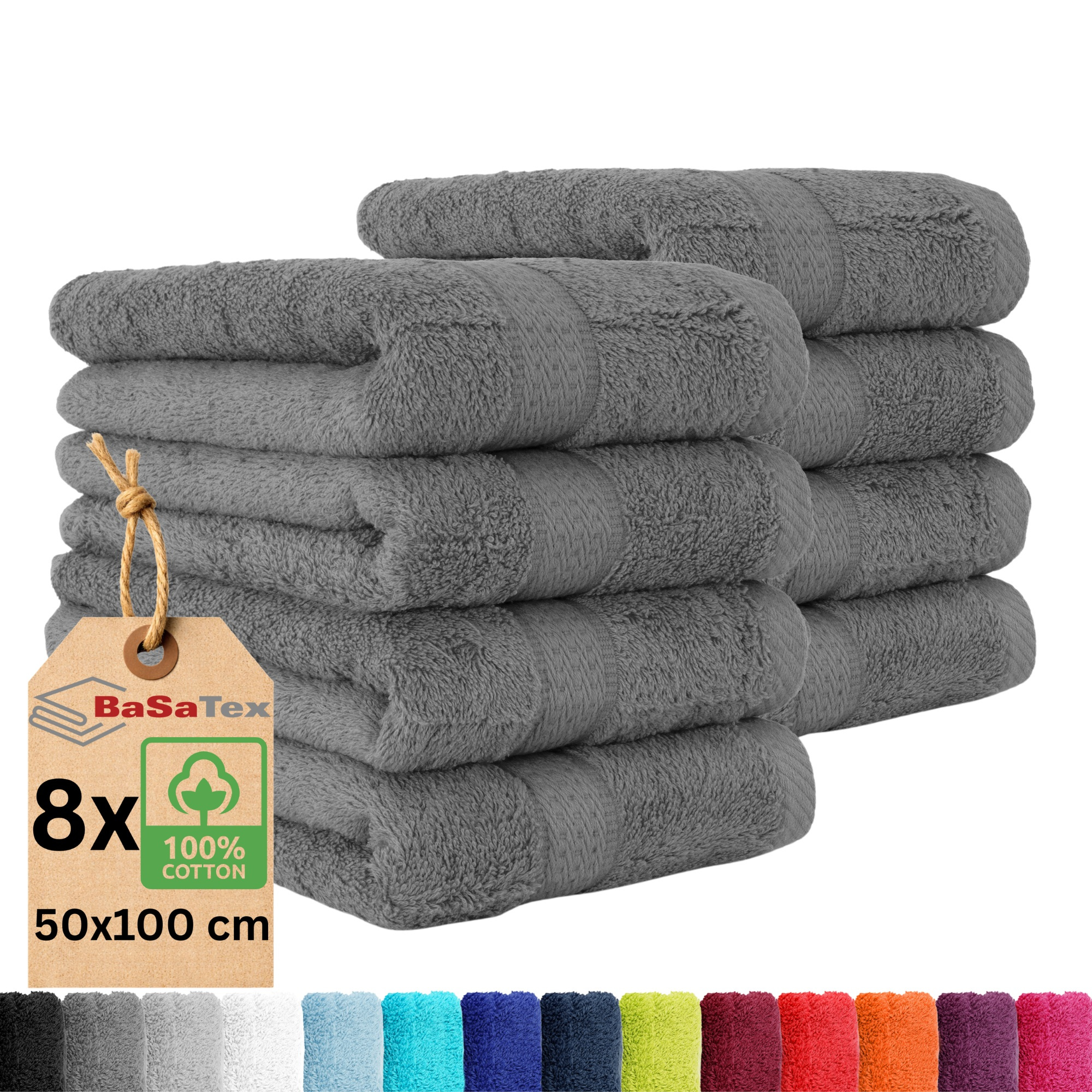 Image of Terry Cotton Towel Set, 8-pack - High-quality - 50x100 Cm With Hanging Loop - Absorbent And Durable - Perfect As A Hair Towel, Hand Towel, Or Sports Towel