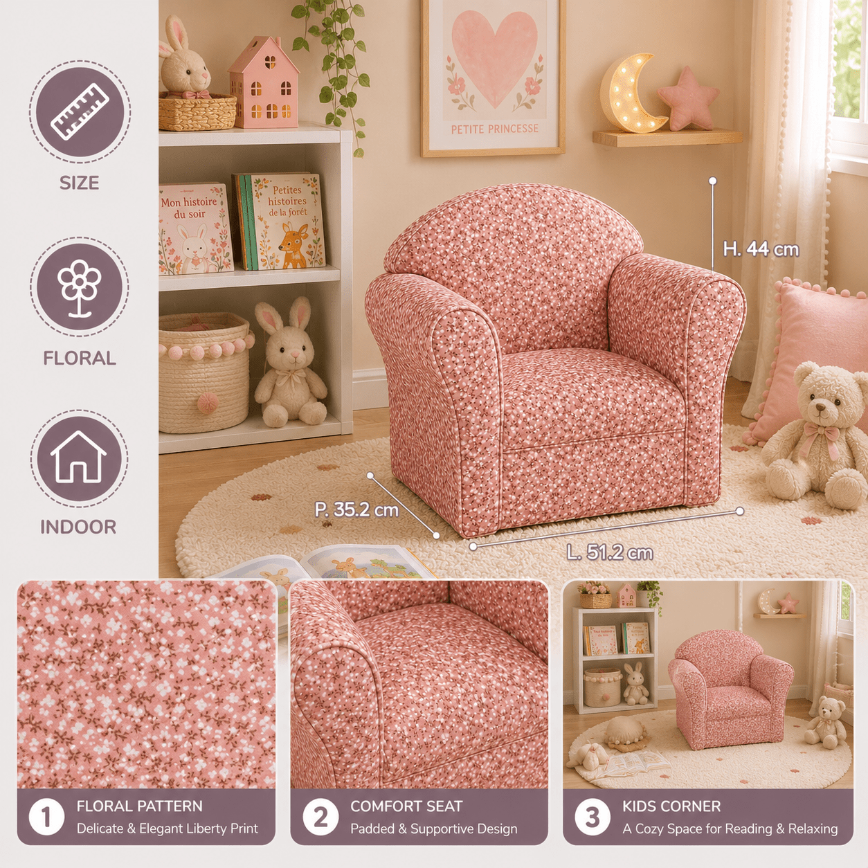Image of Child Rose Armchair - Small Comfortable Armchair For Child's Bedroom, Reading Nook And Playroom