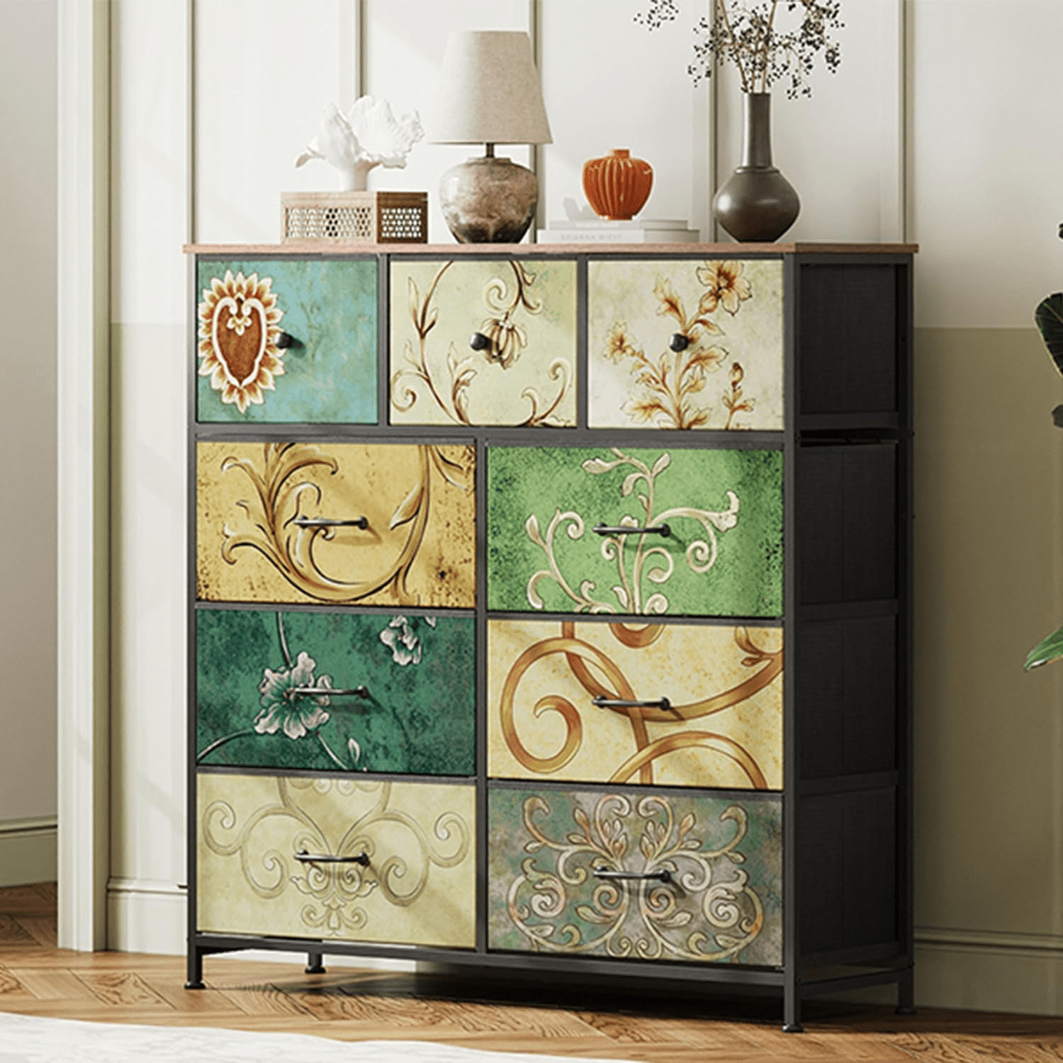 Image of Chest Of Drawers With 9 Drawers, Boho With Wooden Top, Colourful Storage Furniture, Chest Of Drawers, Colourful Bedroom