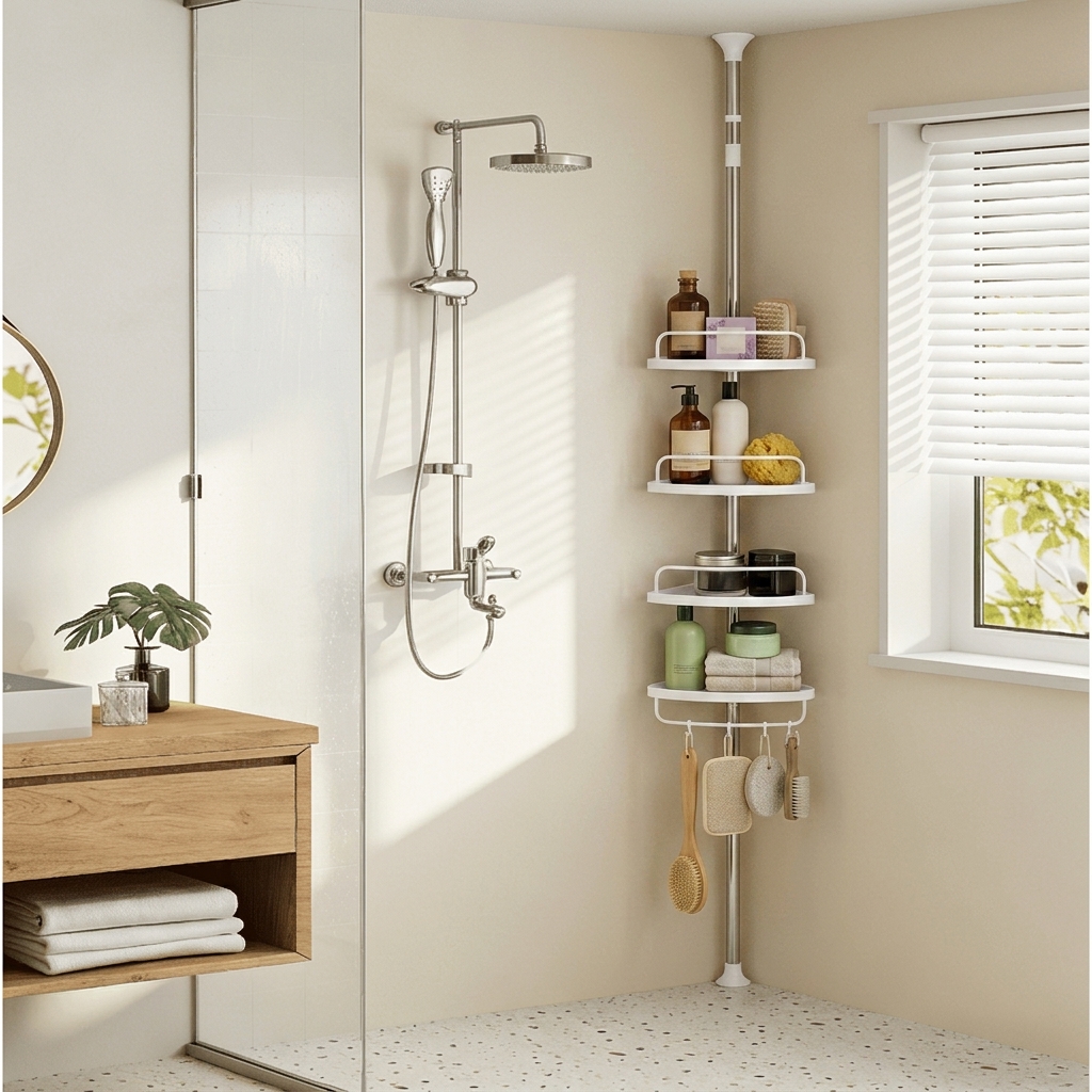 Shower Shelf, Adjustable Height Shower Shelf, Corner Shelf For The Bathroom, 95-300 Cm, From Floor To Ceiling, Stainless Steel