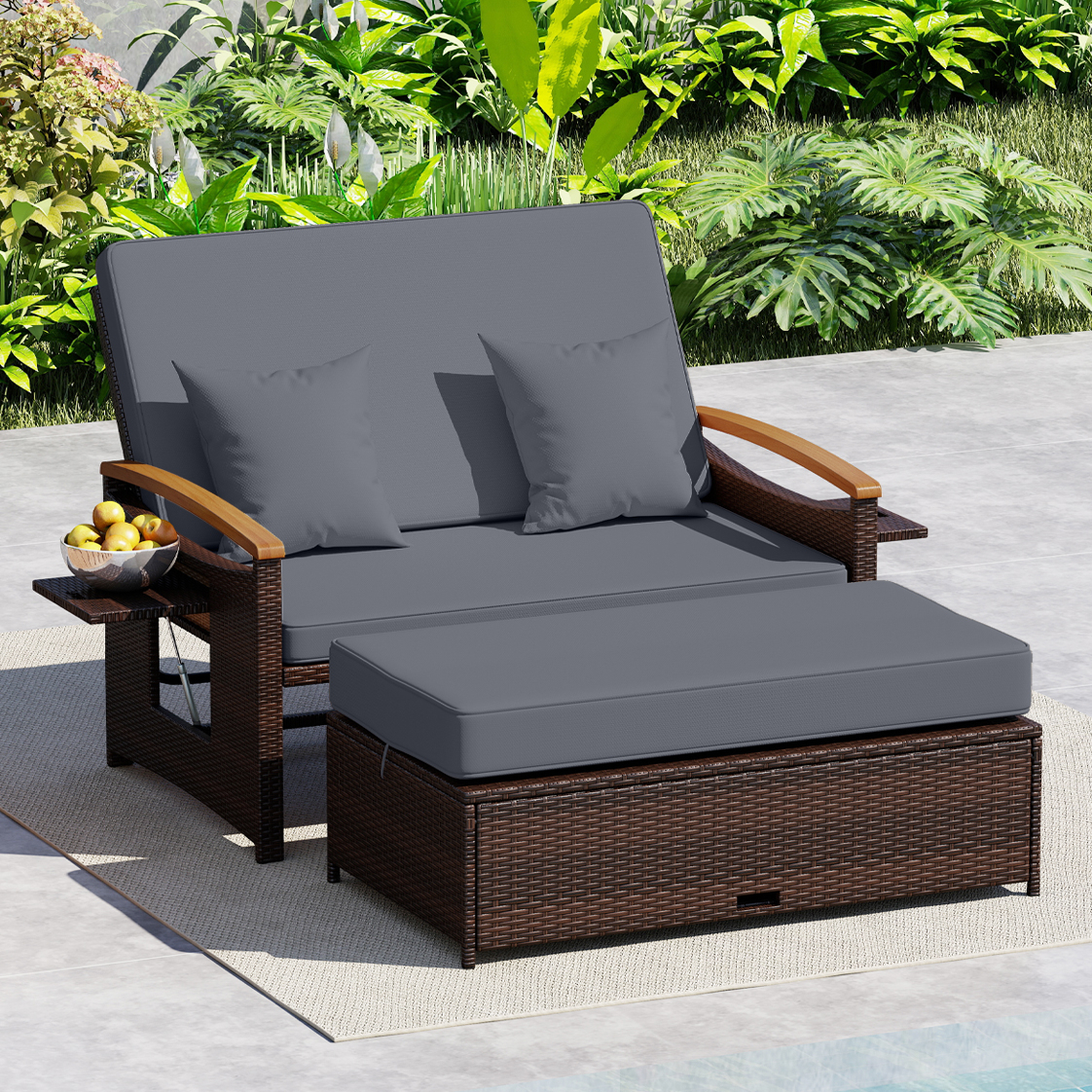 Patio Rattan Daybed, 2pcs Loveseat & Storage Ottoman Set With 4-level Adjustable Backrest & Folding Side Tables, Double Wicker Recliner For Backyard & Poolside