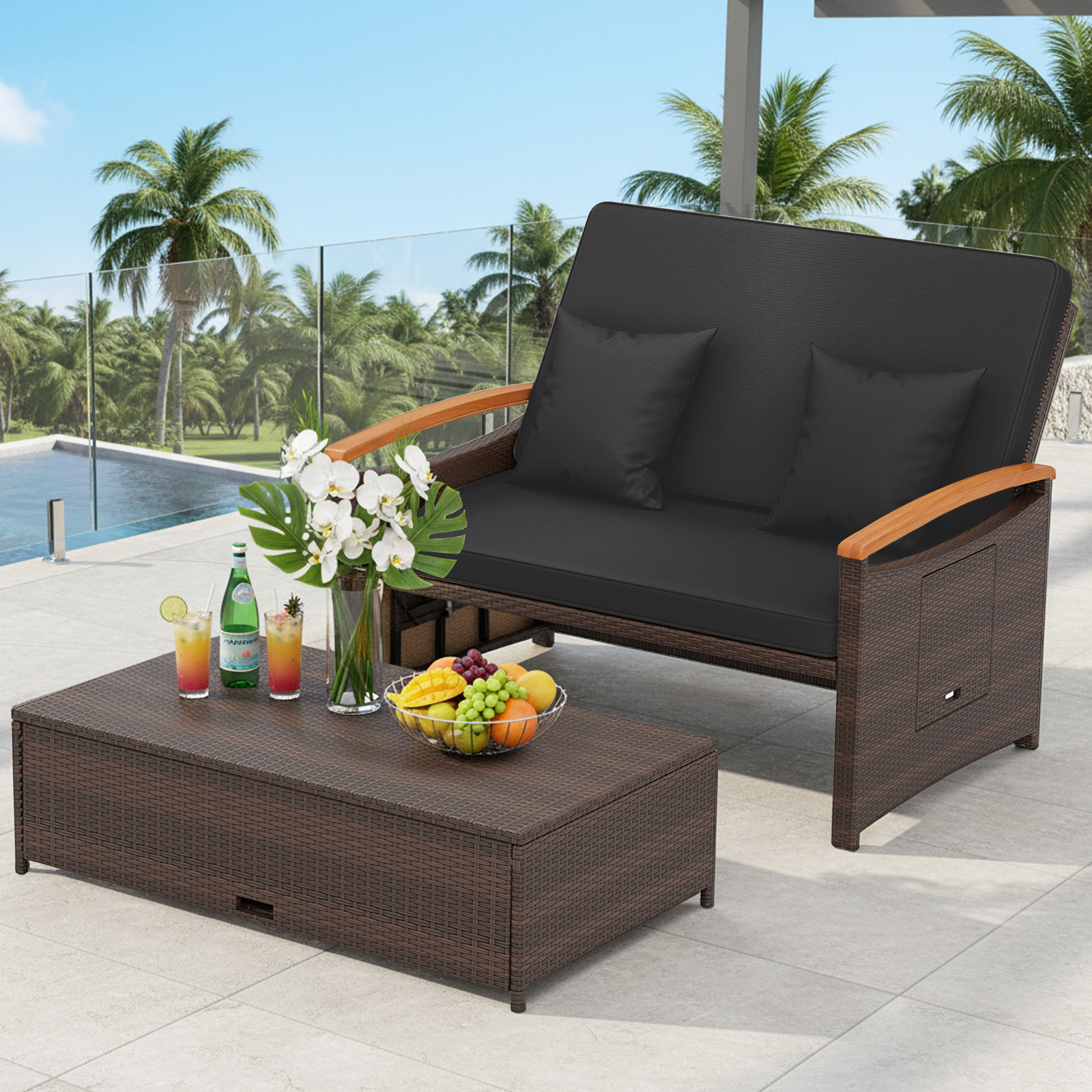Patio Rattan Daybed, 2pcs Loveseat & Storage Ottoman Set With 4-level Adjustable Backrest & Folding Side Tables, Double Wicker Recliner For Backyard & Poolside