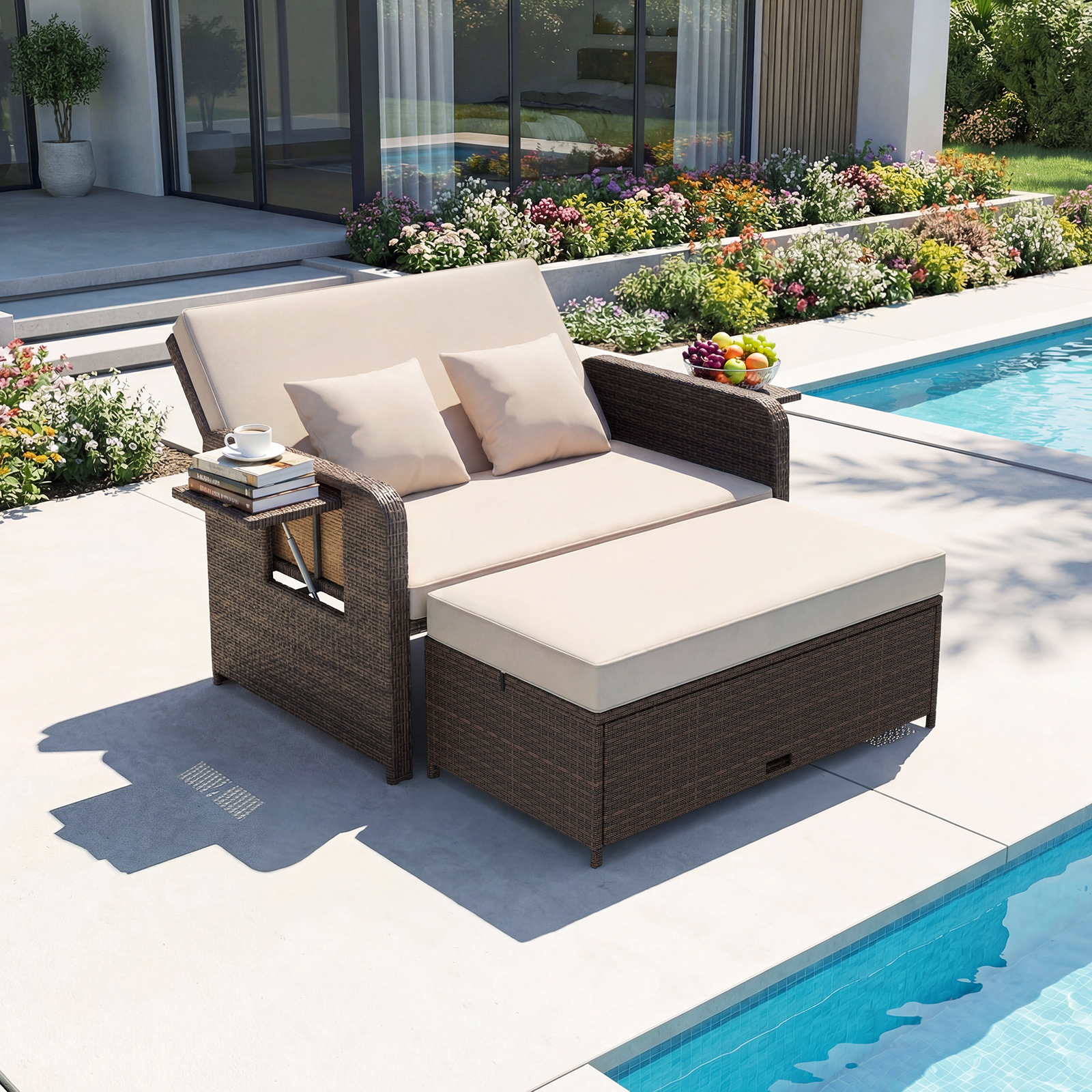 Image of Patio Rattan Daybed, 2pcs Loveseat & Storage Ottoman Set With 4-level Adjustable Backrest & Folding Side Tables, Double Wicker Recliner For Backyard & Poolside