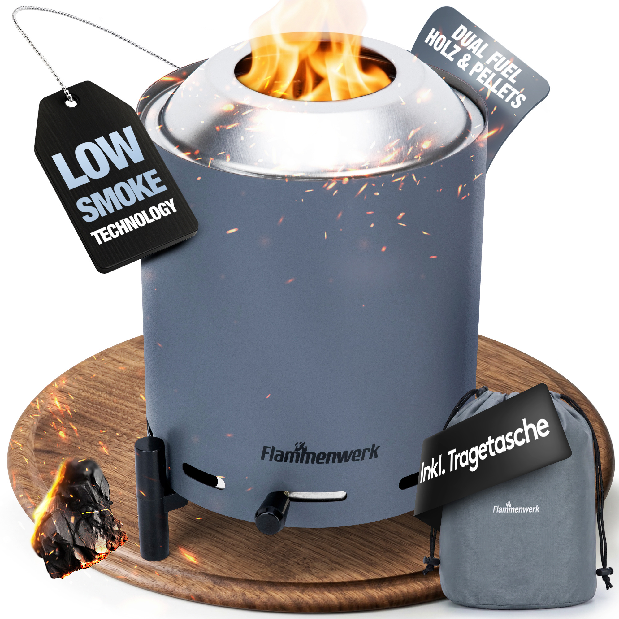Image of Flammenwerk Low-smoke For Pellets & Wood – Compact Outdoor Flame Fire With Air Control, Stainless & Carrying Bag – Perfect For Balcony, Terrace & Camping