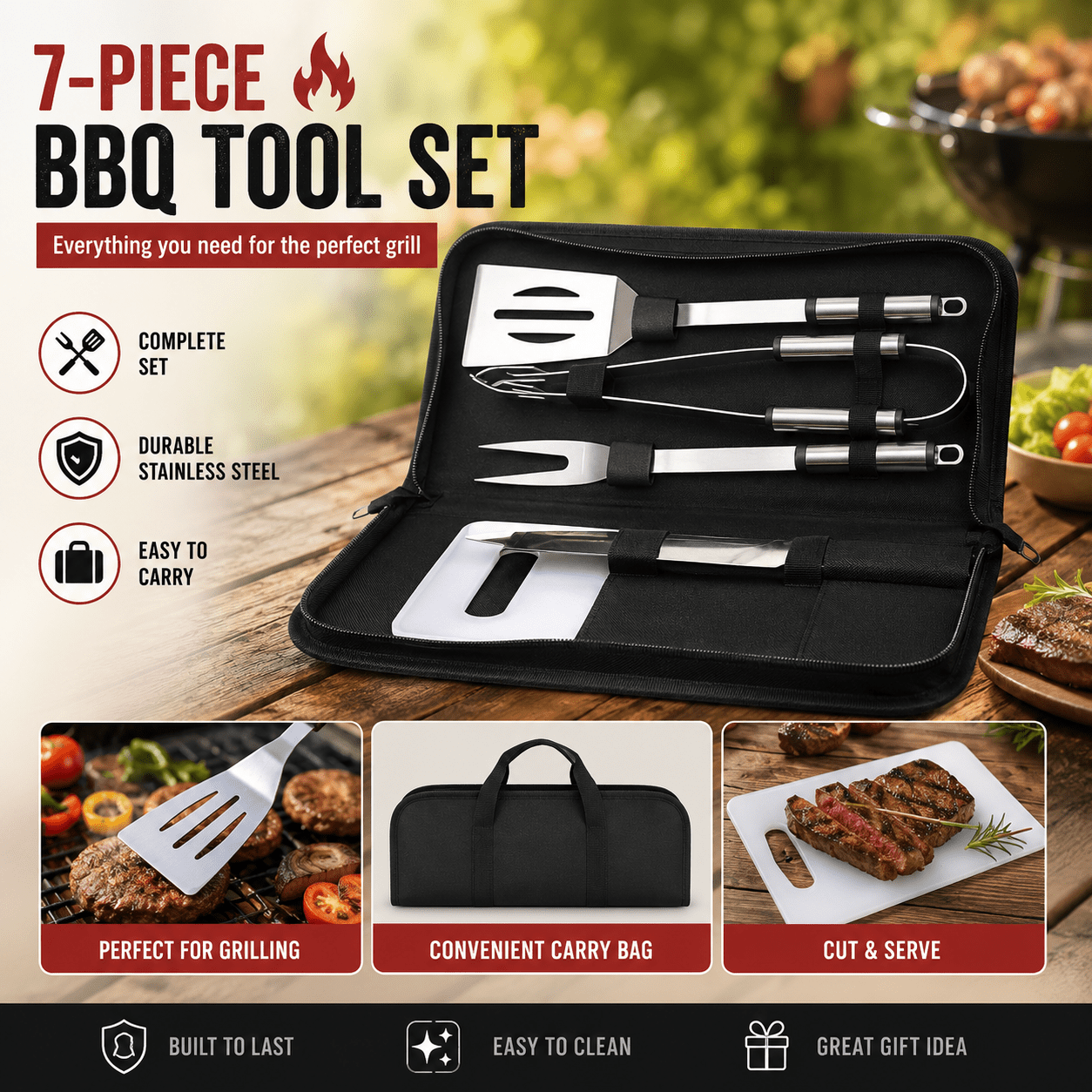 7-piece Stainless Steel Bbq Utensil Set With Carrying Case And Cutting Board – Grilling Kit For Barbecues