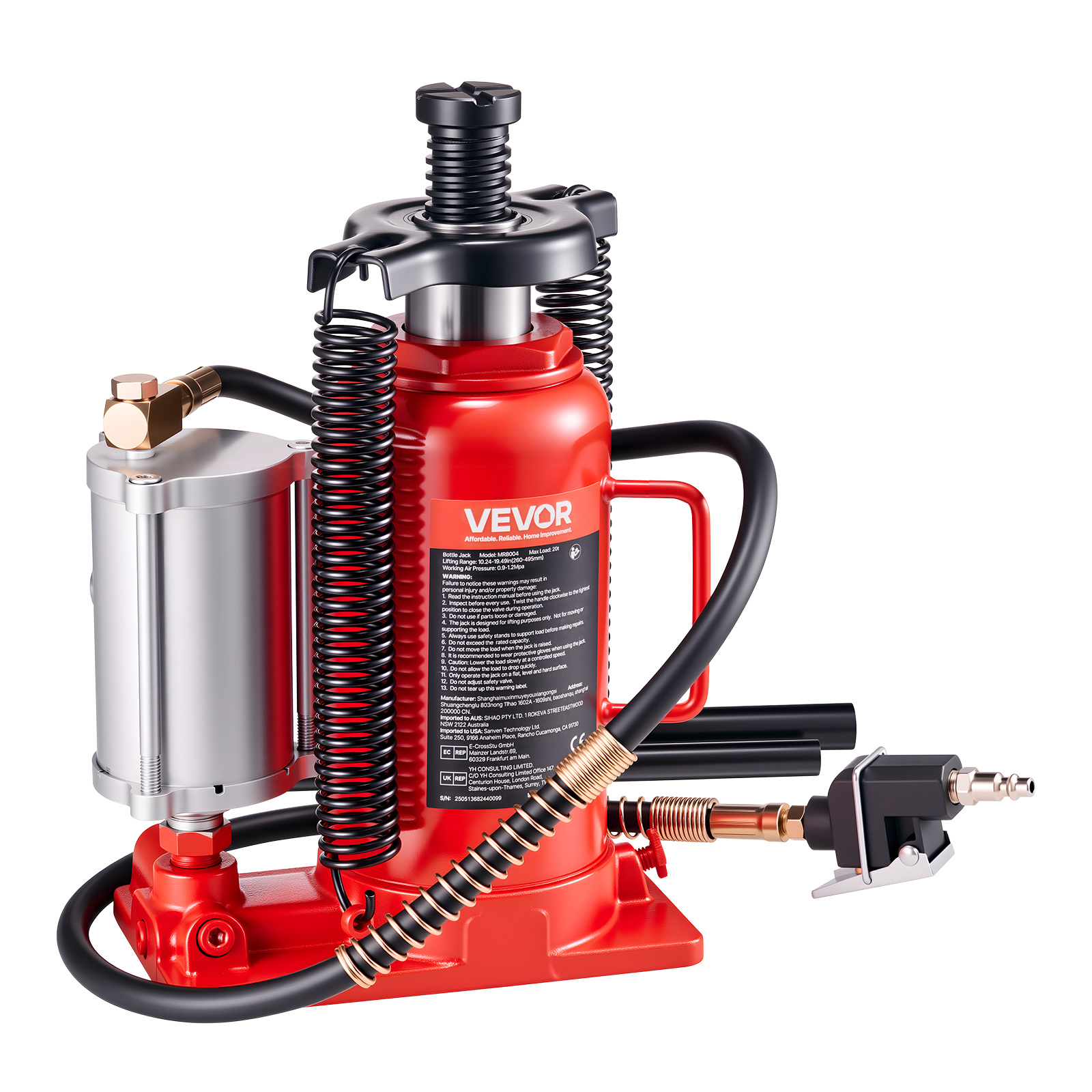 Image of Vevor Air Hydraulic Bottle Jack, (44092 Lbs) Capacity, 10.2-19.5 Inch Lifting Range, Pneumatic/manual Heavy Duty Welded Bottle Jack With Pump For Car, Pickup, Truck, Rv, Suv, Auto Repair, Red