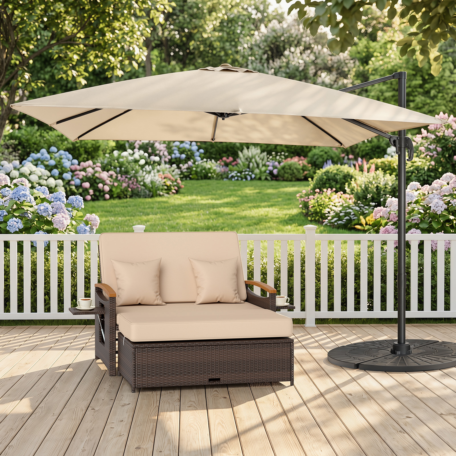 Patio Rattan Daybed, 2-piece Loveseat & Storage Ottoman Set With 4-level Adjustable Backrest & Folding Side Tables, Double Wicker Recliner For Backyard & Poolside