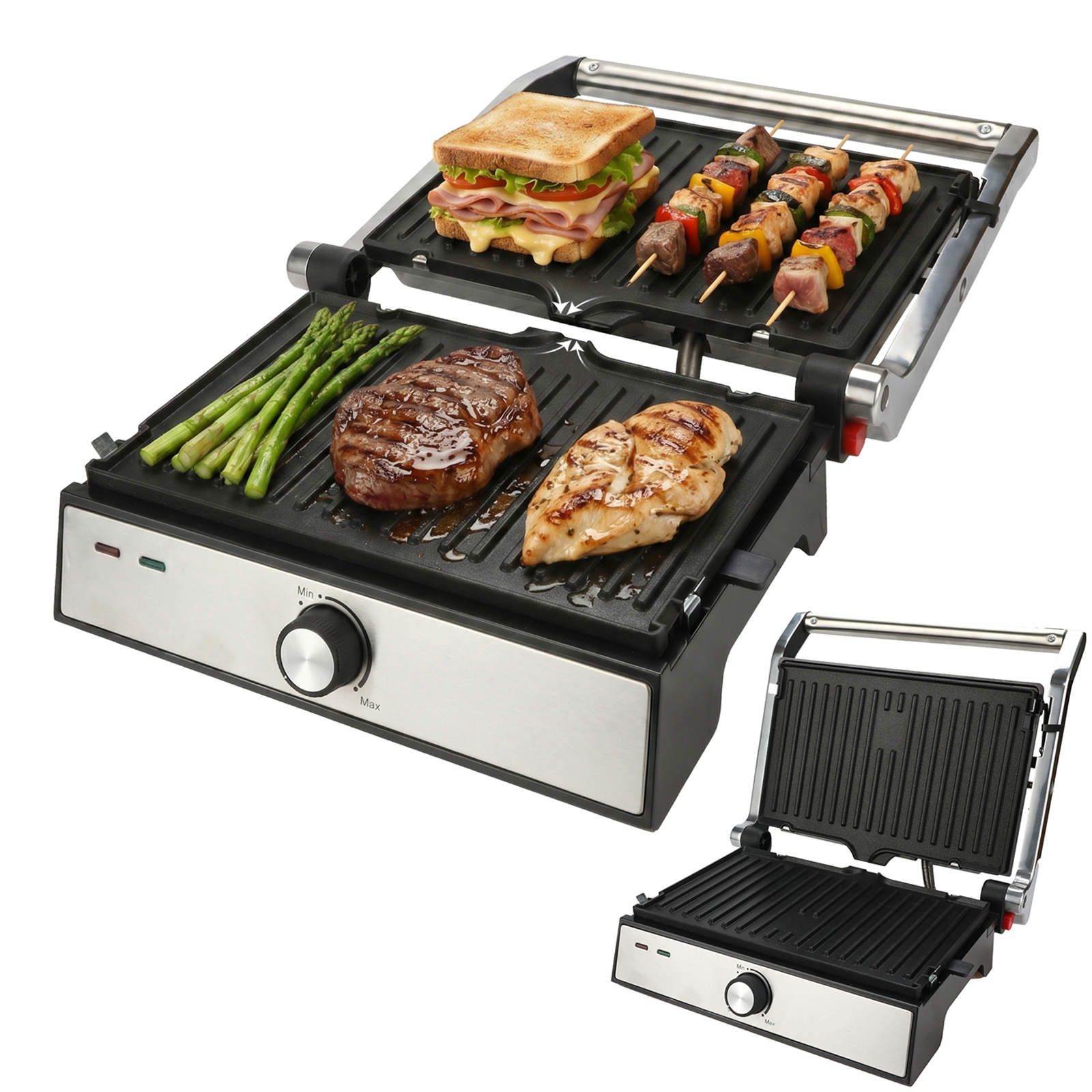 Electric Ihunt Bro Dual Grill Xxl, 1500w, Open Bbq 180° Function, Detachable Plates, Adjustable Thermostat, Drainage Tray, Silver