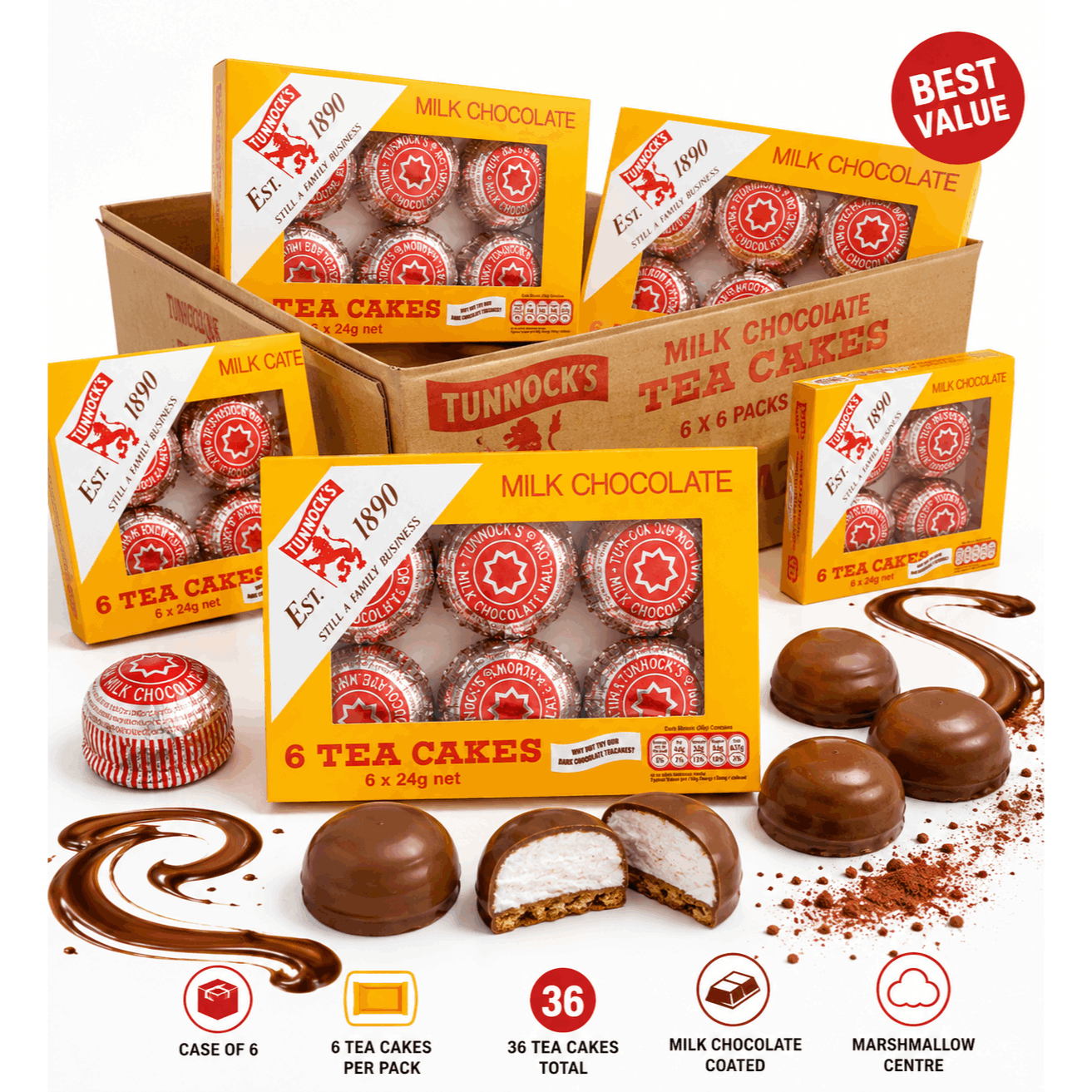 TEMU Tunnock's Milk Chocolate Tea Cakes 6 Pack Case Of 6 | 36 Individually Wrapped Tea Cakes | Marshmallow & Biscuit Treats