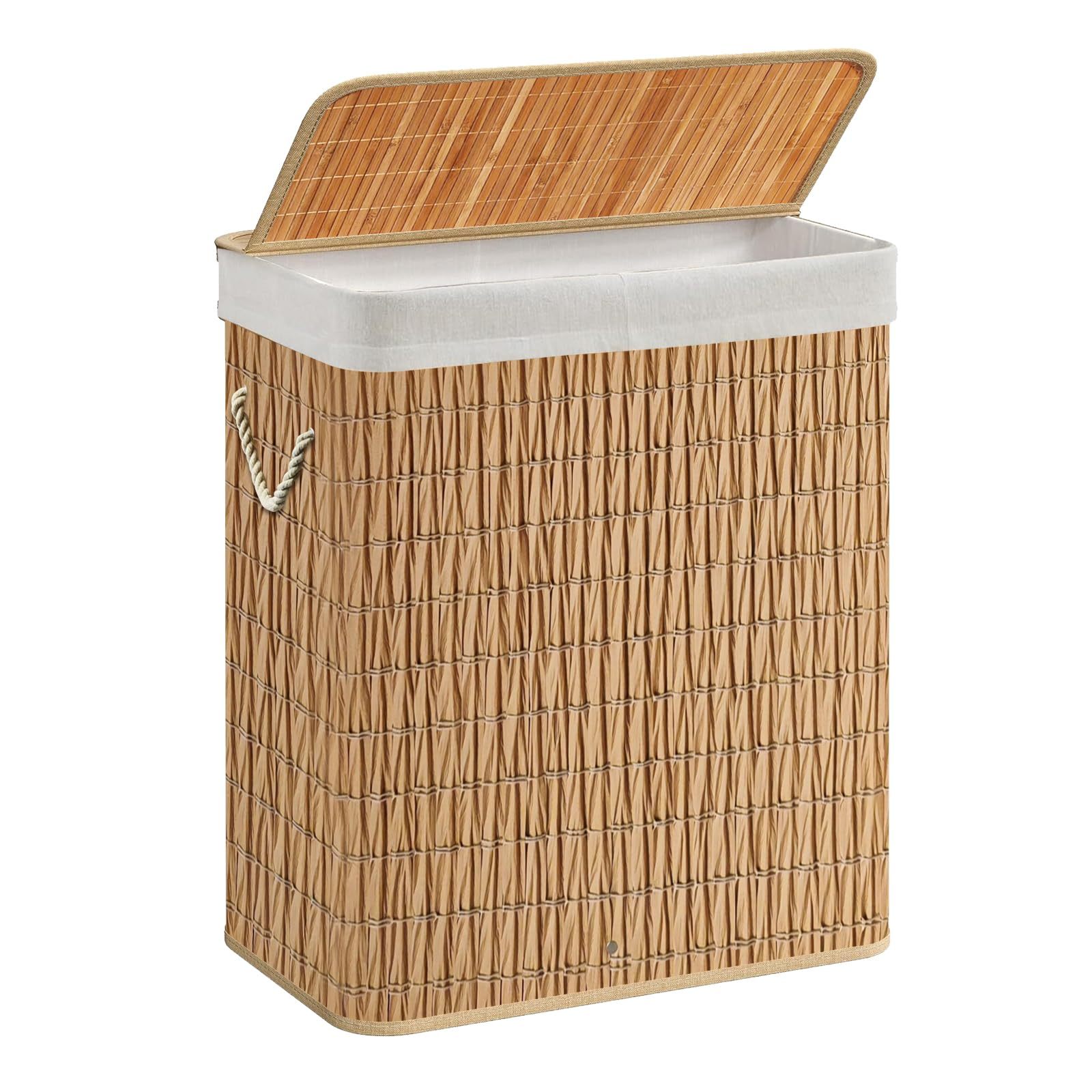 Laundry Basket With Lid, Rattan Laundry Collector With Practical Handle, Removable And Washable Inner Lining, Reinforced Bamboo Strips On The Inner Wall
