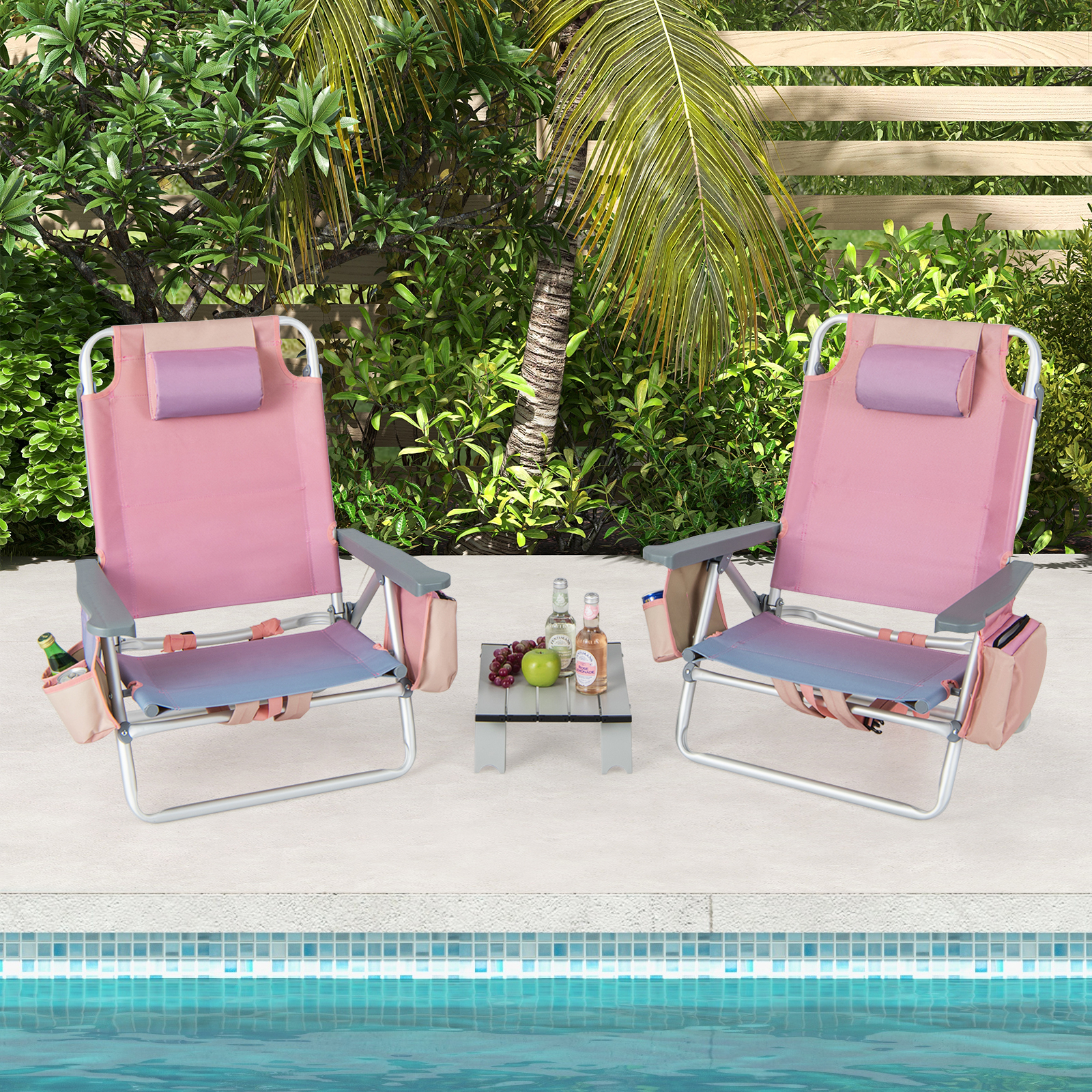 Image of 3pcs Outdoor Camping Set, 2 Folding Lightweight Beach Chairs & Portable Aluminum Side Table W/5-level Adjustable Backrest, Storage Bag, Towel Bar, Mesh Bag & 2 Cup Holders For Patio, Beach, Park