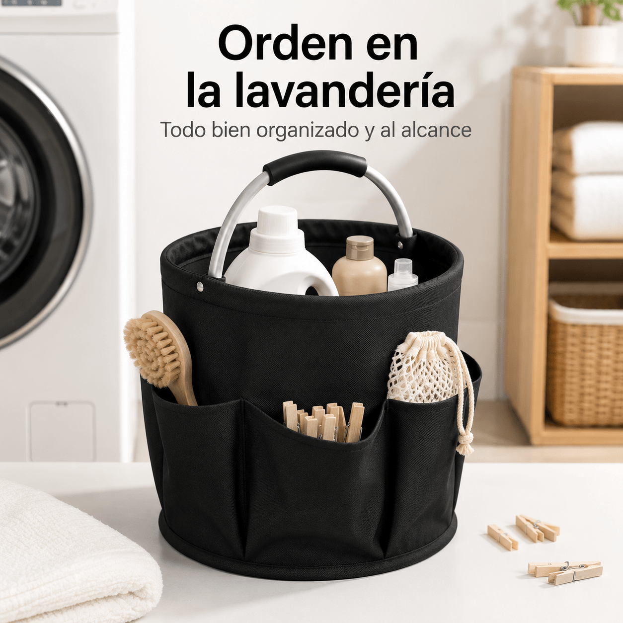 TEMU Organizador portátil multiusos con asa, cesta de almacenamiento negra con bolsillos exteriores, ideal para baño, cocina, lavandería, limpieza,