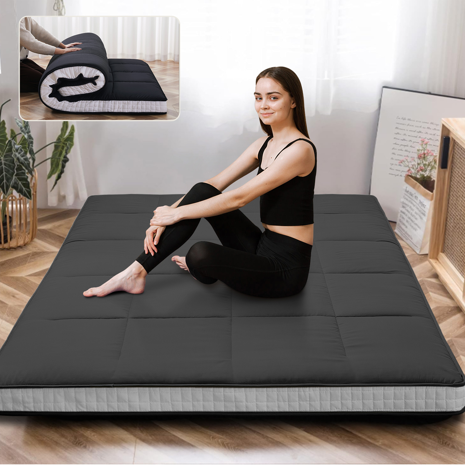 Folding Futon Mattress, Guest Floor Mattress With Storage Bag, Foldable Portable Rolled Tatami Mattress