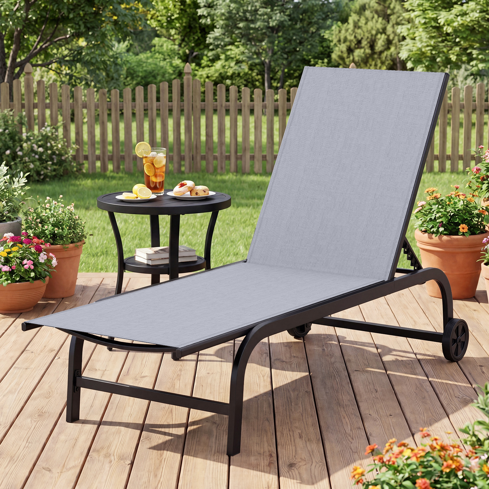 Image of Outdoor Chaise Lounge Chair With Wheels, 6-position Recliner With 180° Full Flat, Metal Frame & Breathable Fabric, Poolside Tanning Furniture For Patio, Deck & Backyard