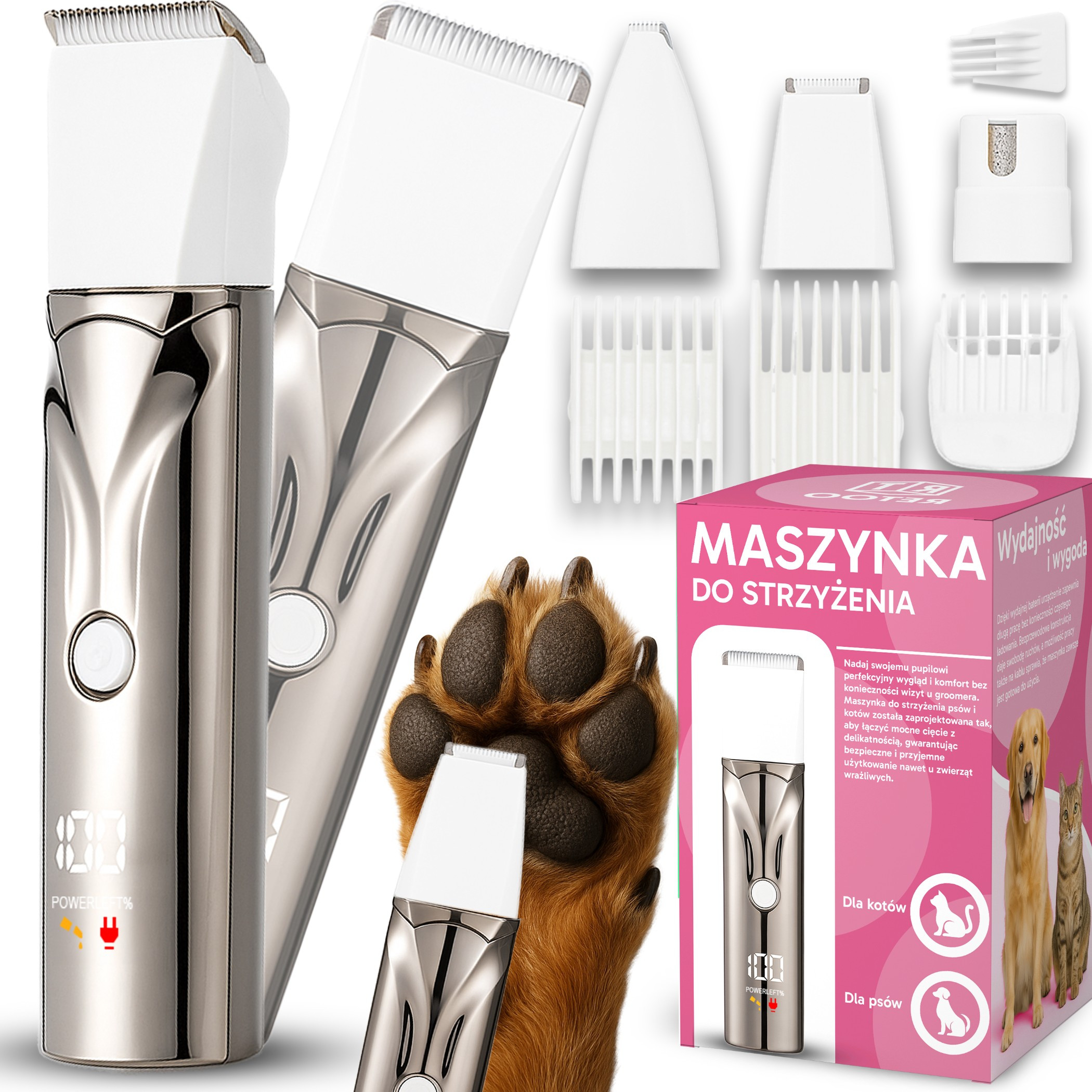 Pet Hair Clipper Set For Dogs Cats With 4 Attachments Quiet Machine Led Display Battery Grooming Set