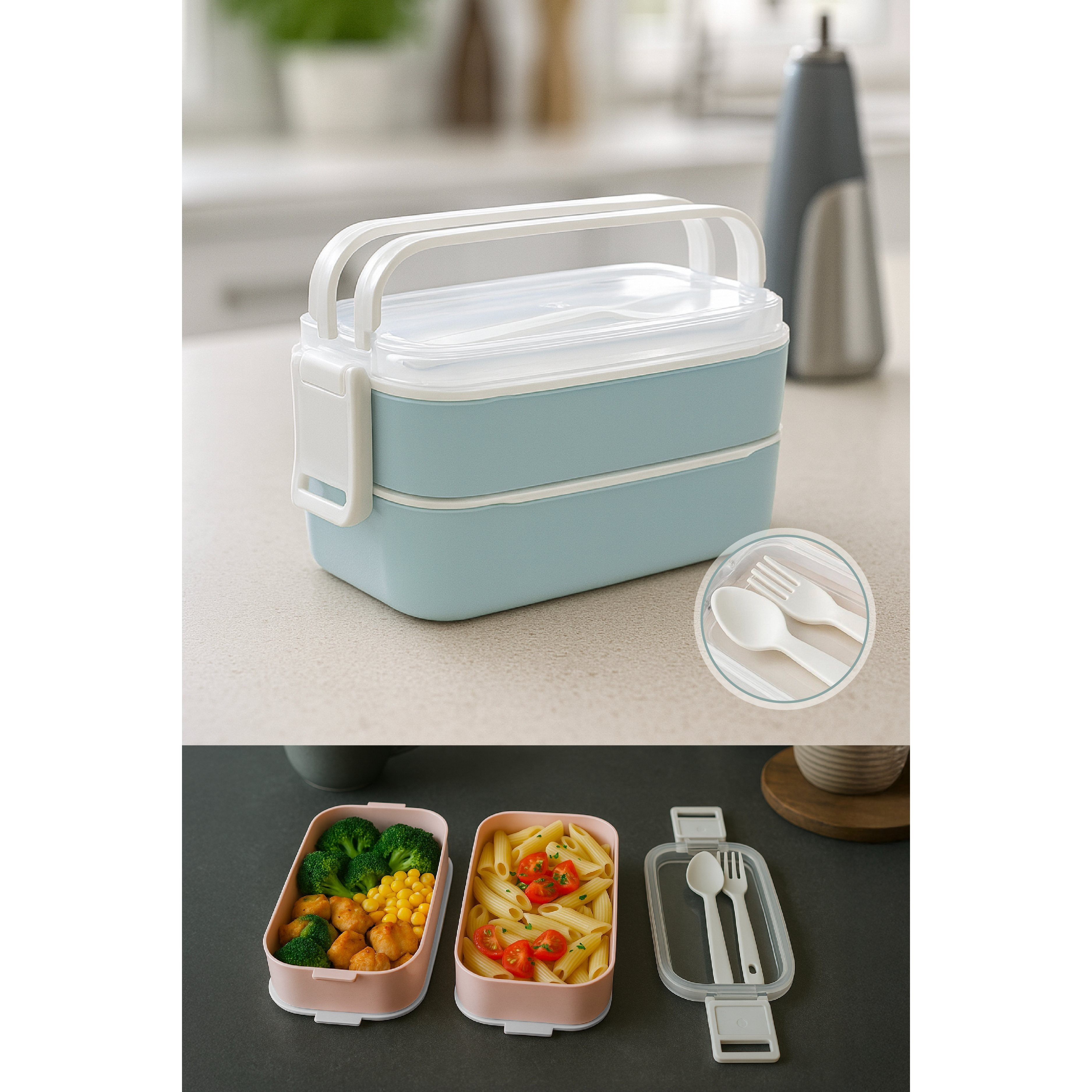 Evlinya 2-tier Baby Blue Lunchbox – Bento Box With Utensils, Lid, And Carry Handle – Lunch Container For School, Office, Picnic, Snacks, Fruit & Meals
