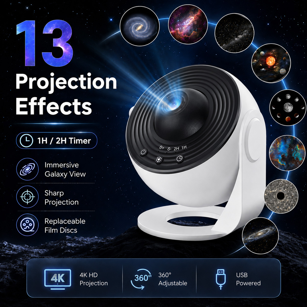 Image of Projector Night Light With 13 Planet Discs, 360° Rotation, Timer Function, Adjustable Up And Down, Planetarium Projector Lamp For Room Gifts Decor