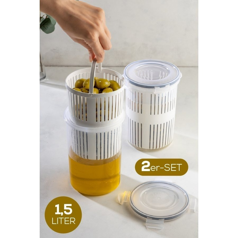 Image of Evlinya 2pcs Set Storage Jar With Sieve Insert 1.5 L - Freshness Container With Lid & Seal - , Cucumber Container, Antipasti Jar For Vegetables, Fruits & Liquids