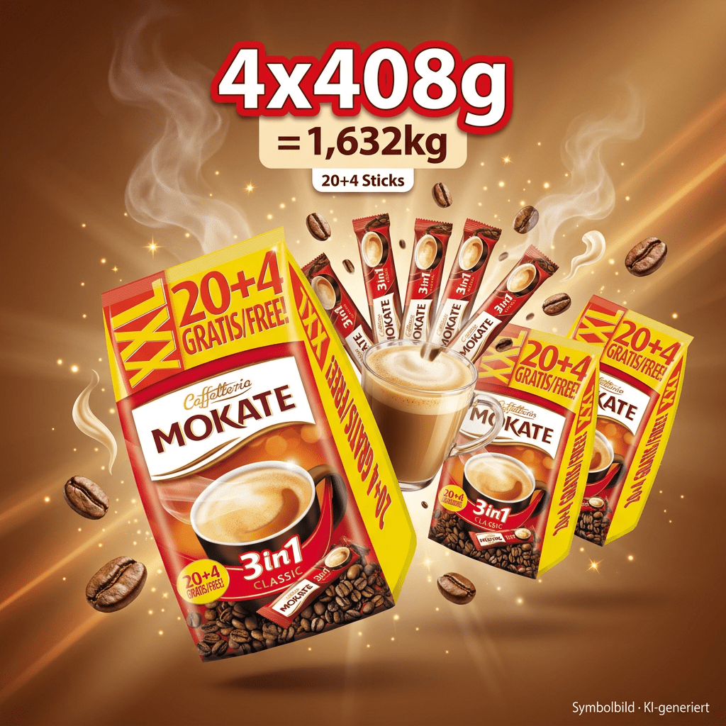 Mokate - 3-in-1 Classic Instant Coffee Drink - Soluble Coffee Powder With Milk & Sugar - 9% Coffee, Approx. 17 Servings - 4x408g (1632g)