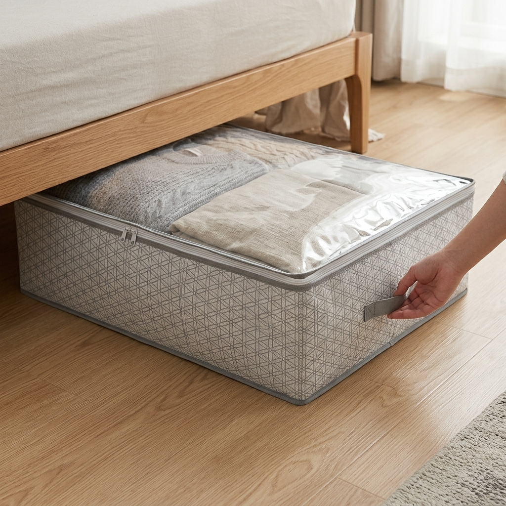 TEMU Bolsa de Almacenamiento Cama para Ropa, Edredones y Mantas - 100x45x15 cm, de Ordenación con Transparente, Cremallera y para Organización en