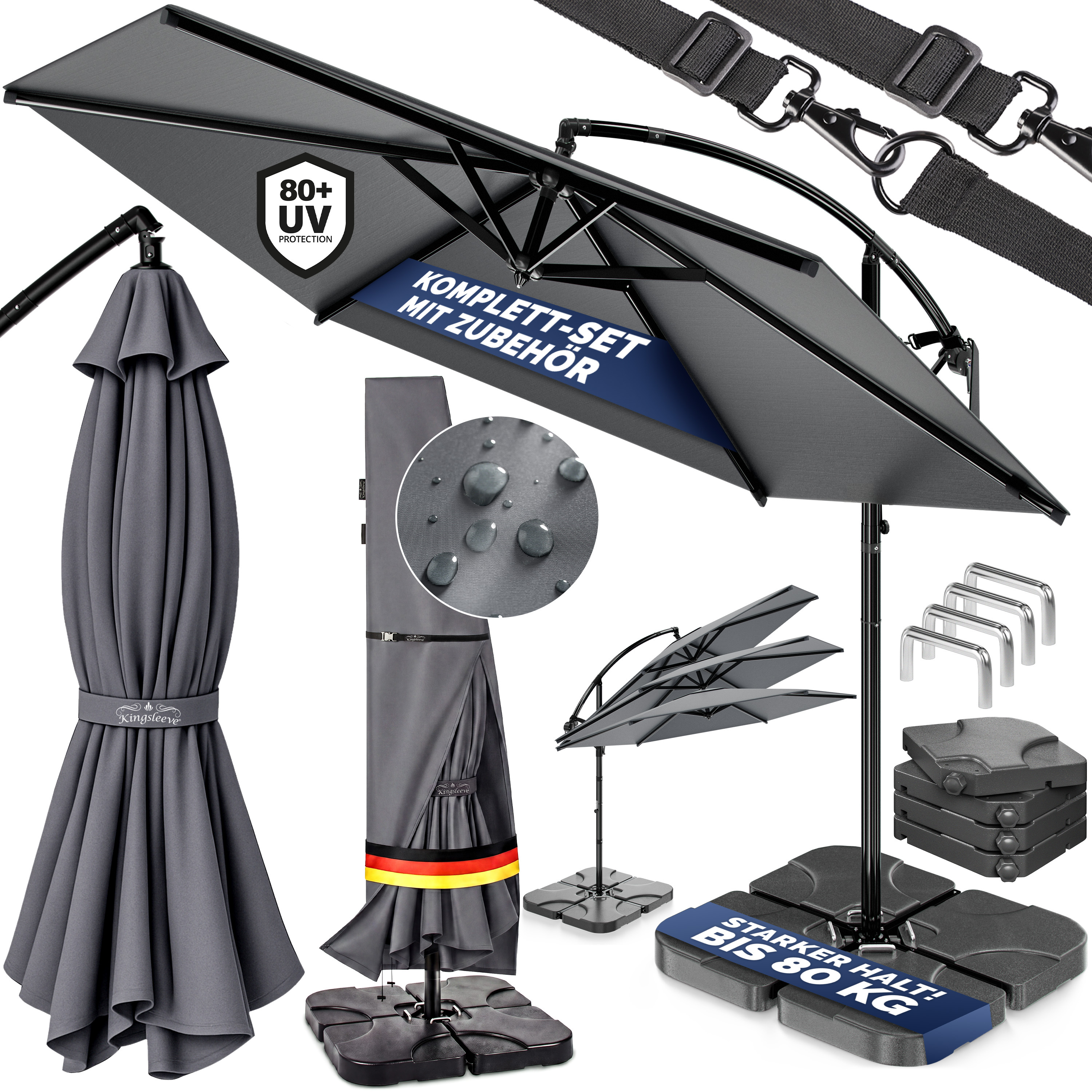 Image of Casaria® Parasol 300 Cm Complete Set . 4 Weights & Protective Cover – Garden Sun Umbrella Uv 80+ Tilt Adjustable With Crank Round Cream