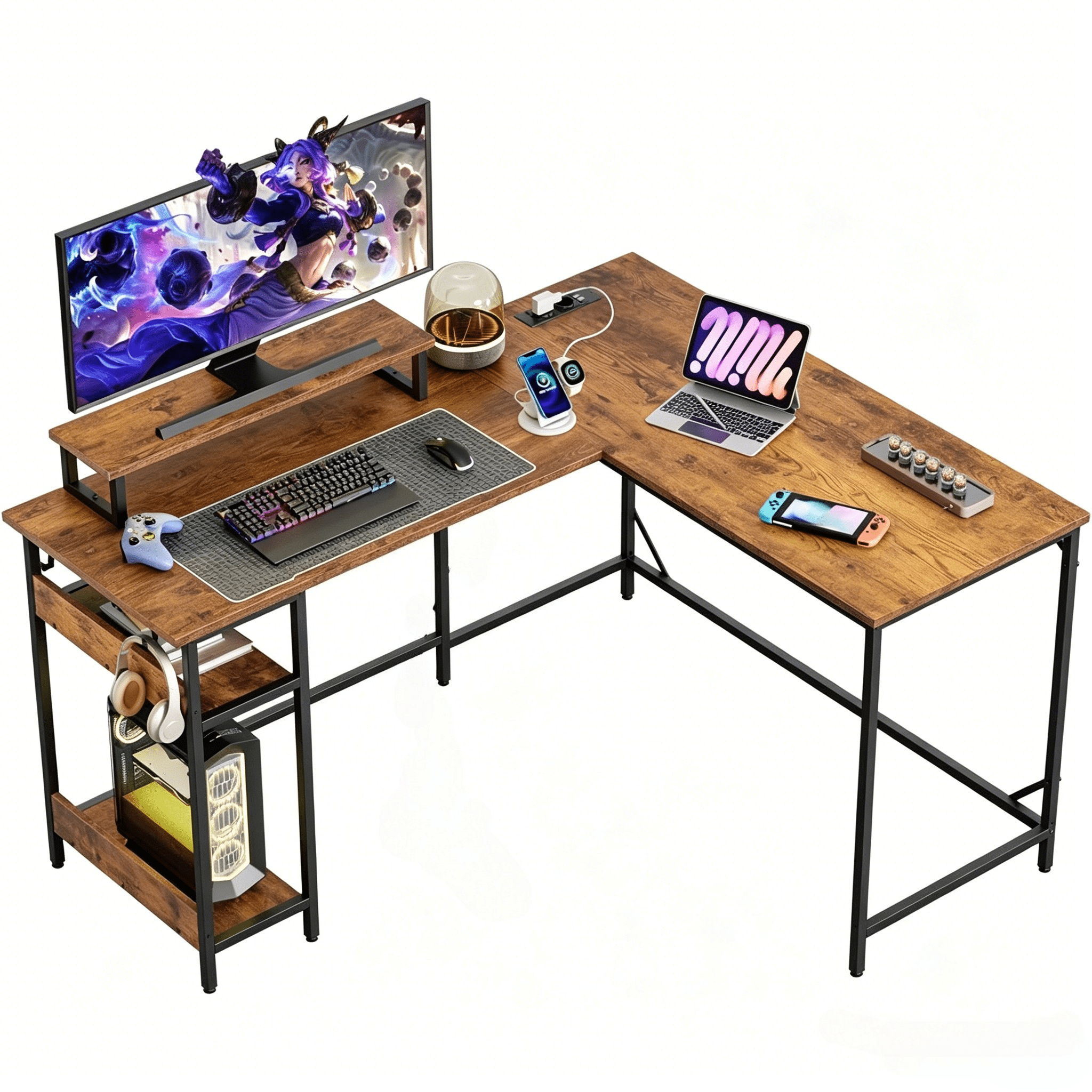 TEMU Gaming With Monitor Holder, Desk L Shape With Usb Charging Port And Integrated Socket, Reversible , 152 X 118 Cm, Pc Table For Home Or Bedroom