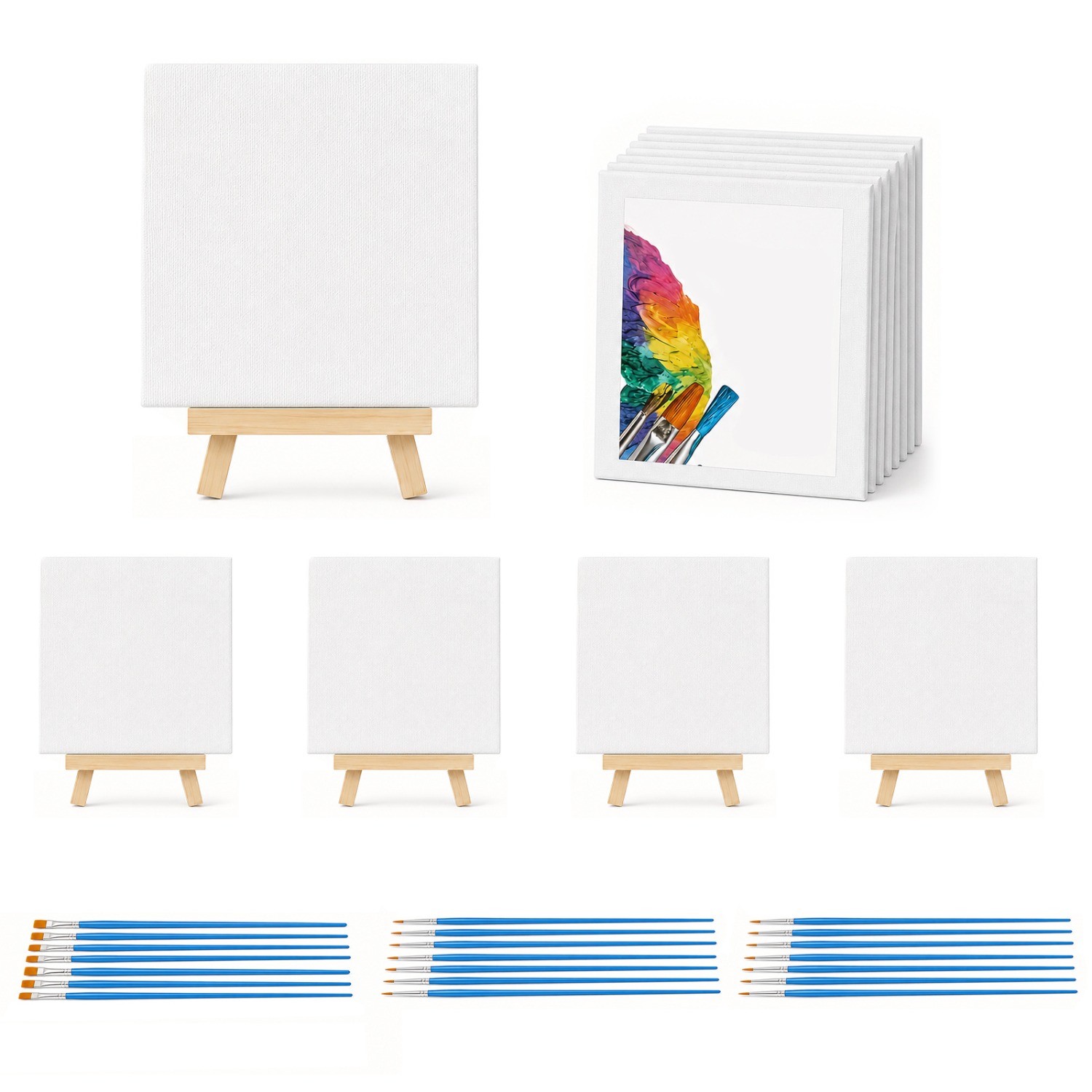 TEMU 33pcs Art Material Set Art Painting Supplies Kit - 6pcs 15.24x10.16 Cm White Canvas Panels + 6pcs Mini Wood Easels + 21pcs Paint Brushes,