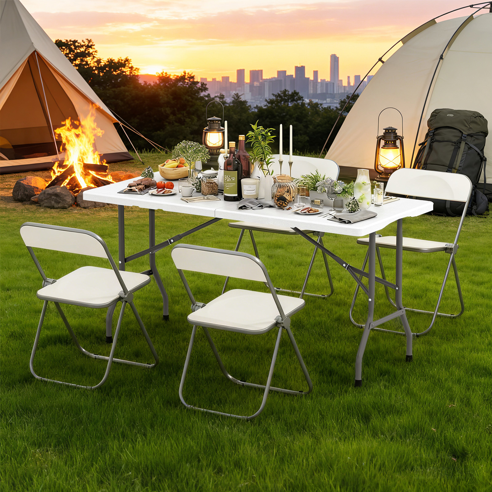 Image of Folding Table, Outdoor Indoor Portable Dining Table With Carrying Handle And Frame, Lightweight Plastic Utility Table For Camping, Studying, Dining, Party And Picnic
