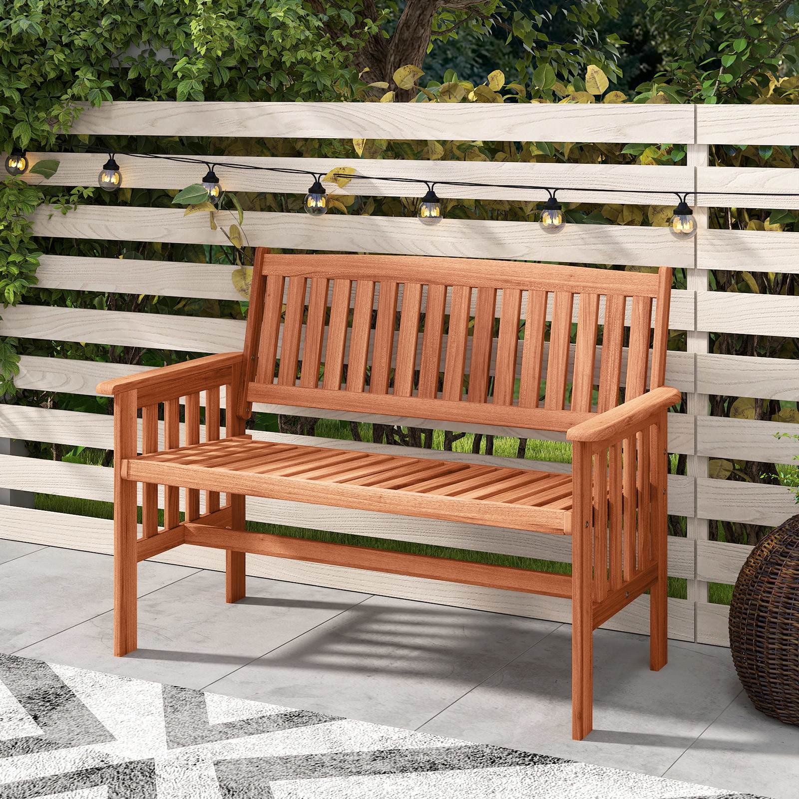 Image of Outdoor Wood Garden Bench, 2-person Patio Park Bench With Backrest, Armrests And Slatted Seat, Outside Loveseat Furniture For Front Porch, Balcony, Deck And Yard