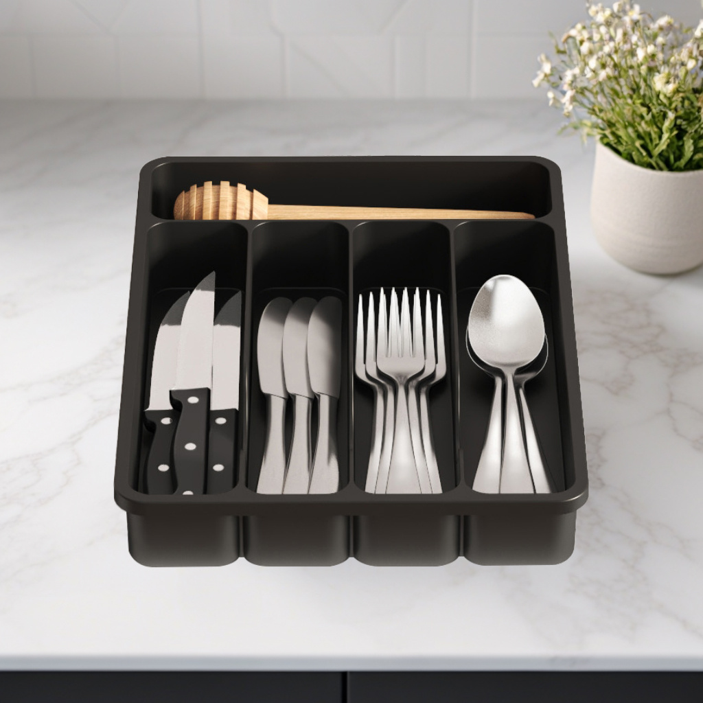 Image of Cutlery Tray For Drawers, 5 Compartments, Cutlery Organizer, Drawer Organizer, Kitchen Compact Cutlery Insert, Plastic Drawer Utensil Holder For Spoons, Forks
