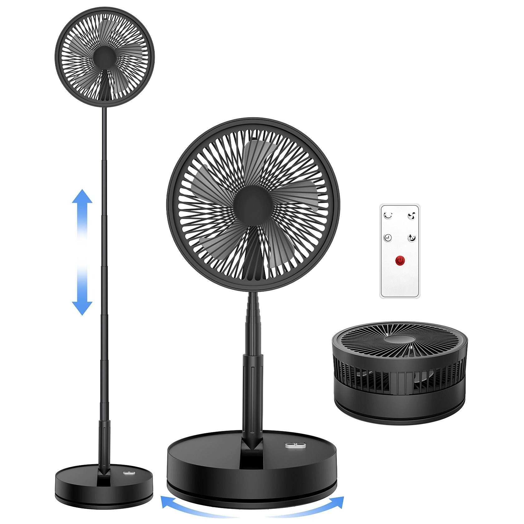 Image of 9" Rechargeable Oscillating Fan - 8000mah Battery, Usb-c, Adjustable, Quiet Folding Table Desk Fan With Remote, Standing Pedestal Fan For Bedroom, Office, Camping & Travel - Compact & Lightweight