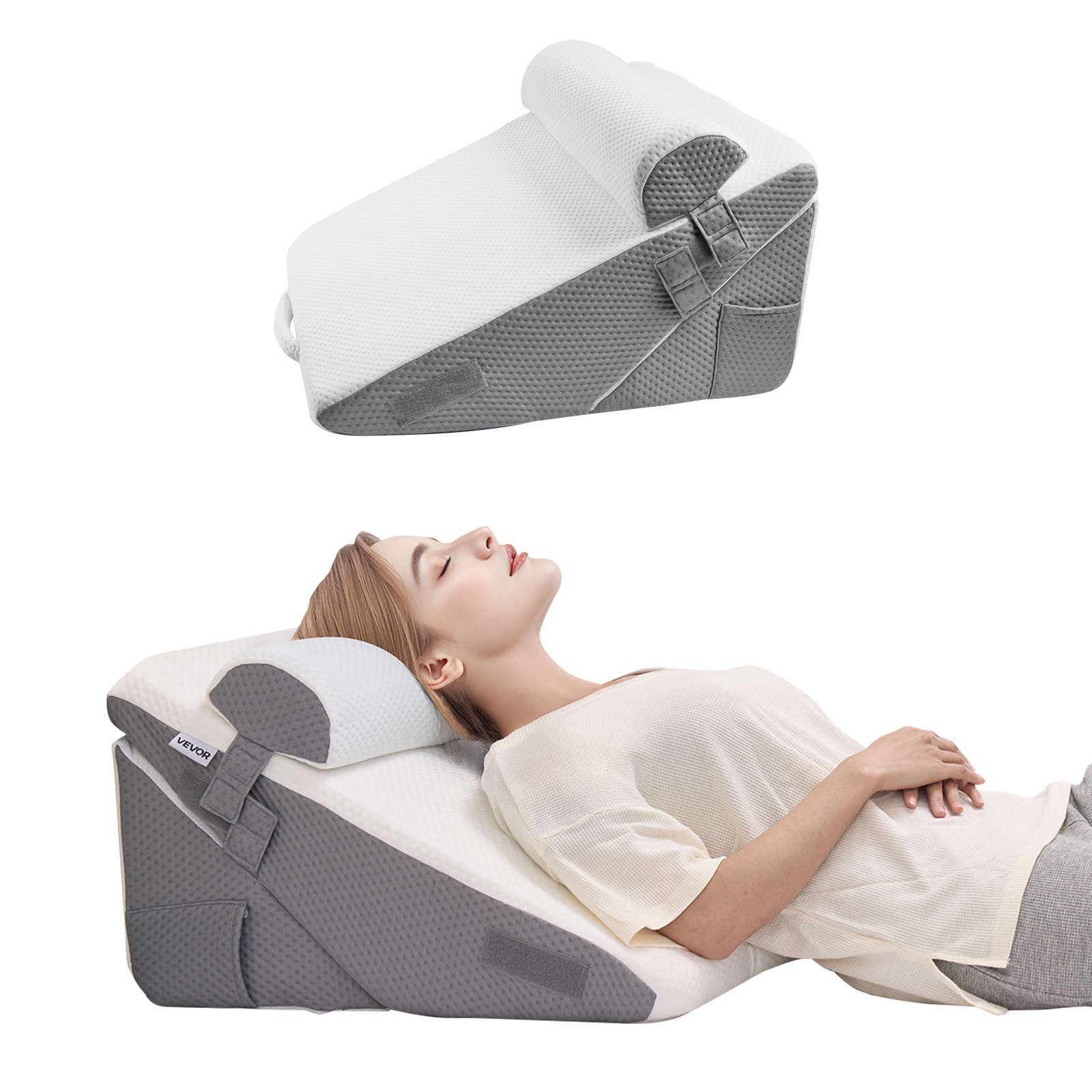 Image of Bed Wedge Pillow For Sleeping, 3pcs Adjustable Bed Wedge Set, With Jacquard Washable Cover & Foam Support, Post Surgery Pillow For Acid Reflux Back Pain Snoring Relief, White/grey