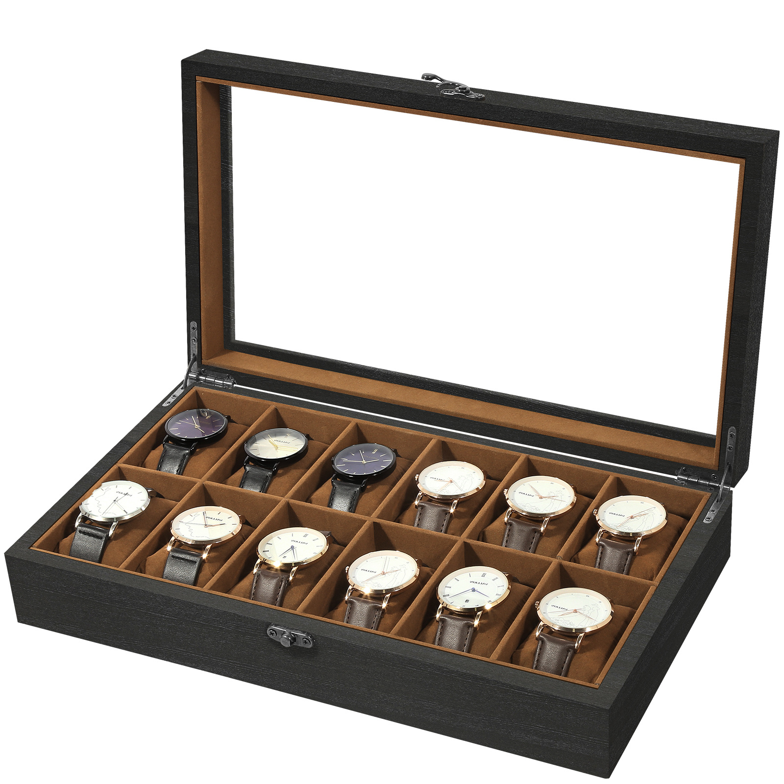 Image of Watch Box With 12 Compartments, Solid Wood, Watch Case With Glass Lid, Watch Case With Removable Watch Cushions, Premium Watch Box, Brown Lining, Gift Idea
