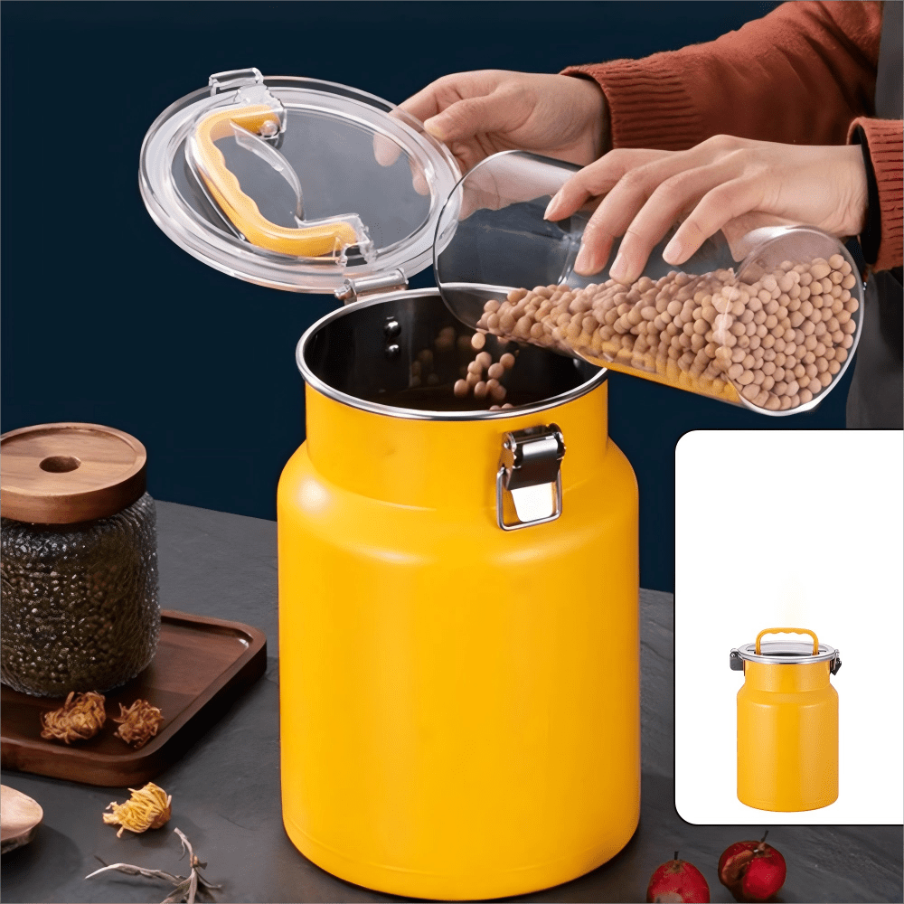 Image of Airtight 5-liter Stainless Steel Canister, Yellow Round Storage Containers For Food With Airtight Lid And Lock, Storage Of Flour, Grains, Coffee Beans, Milk, Rice, Snacks.