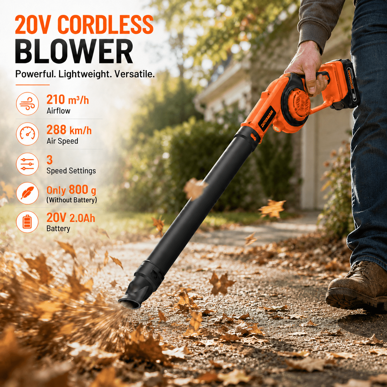 Image of Dovaman Cordless Leaf Blower, 3-in-1 Electric Garden Blower With 3 Nozzles, 288 Km/h , Levels, Lightweight 800 , 20v Battery & Fast Charger, Led Light For Garden, Patio And Dust Cleaning
