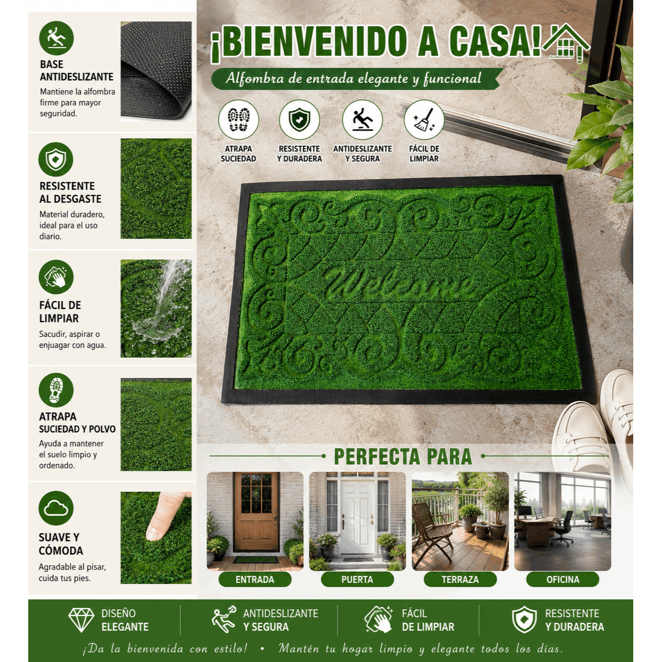 TEMU Alfombra de Entrada Welcome 60×40 cm, Felpudo Antideslizante, Tapete de Entrada para Casa, Oficina y , Atrapa y Polvo ,Fácil de Limpiar