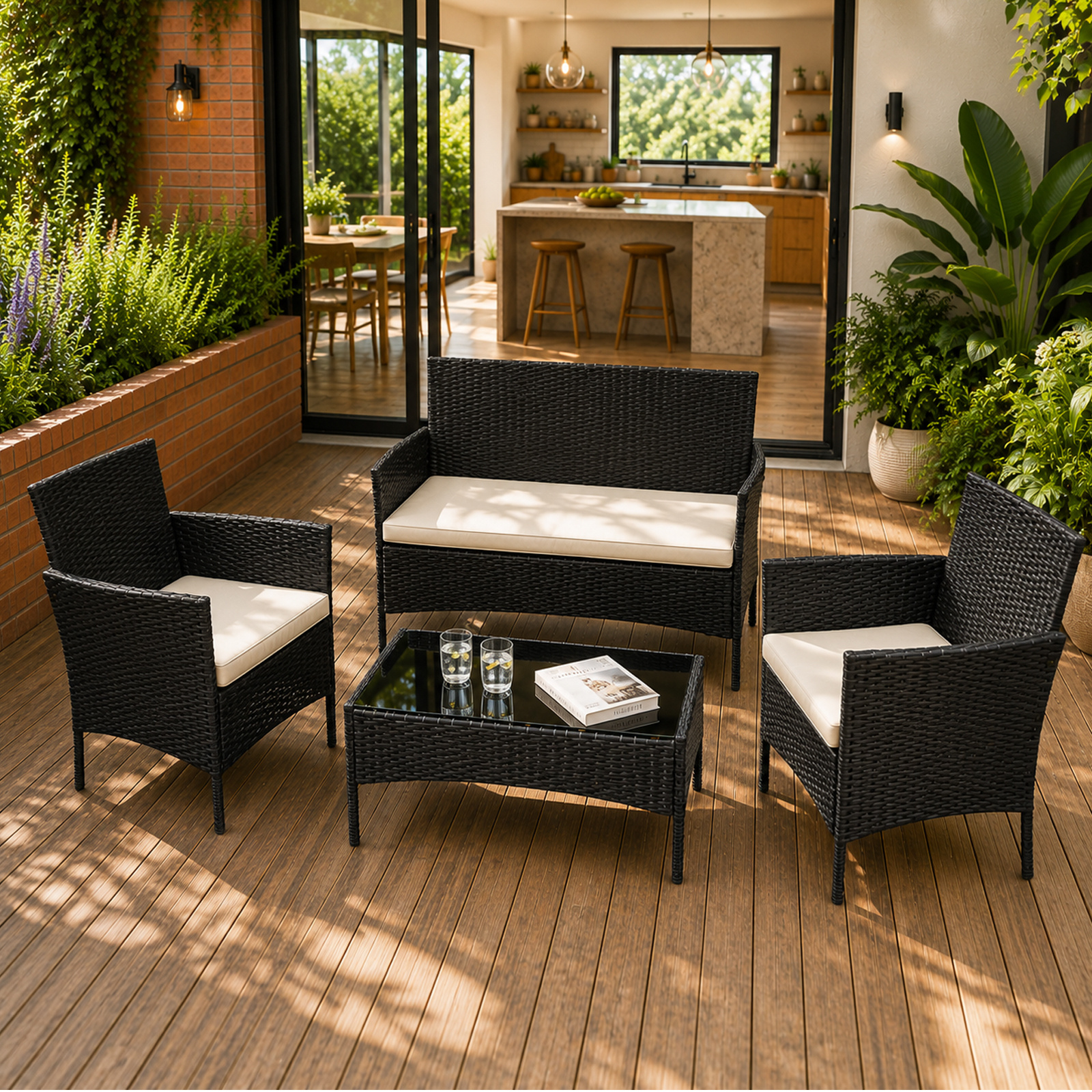 TEMU Durable 4pcs Rattan Outdoor Sofa Set – Includes 2 Armchairs, 2-seater Sofa & Table – Ideal For Garden, Patio & Balcony, Use