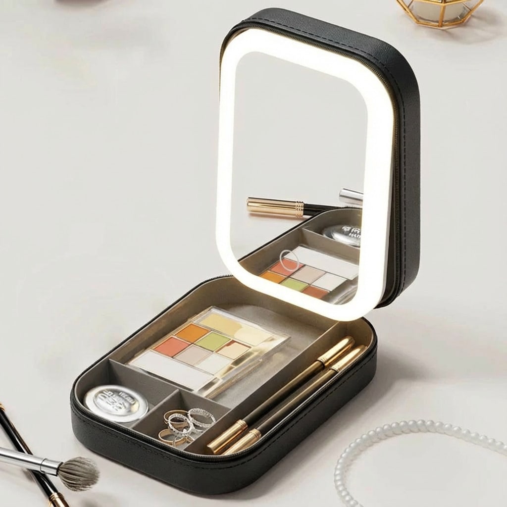 TEMU Large Capacity Portable High-end Makeup Case With Built-in Magnifying Beauty Mirror, Waterproof Cosmetic Storage Bag For , Travel Cosmetic