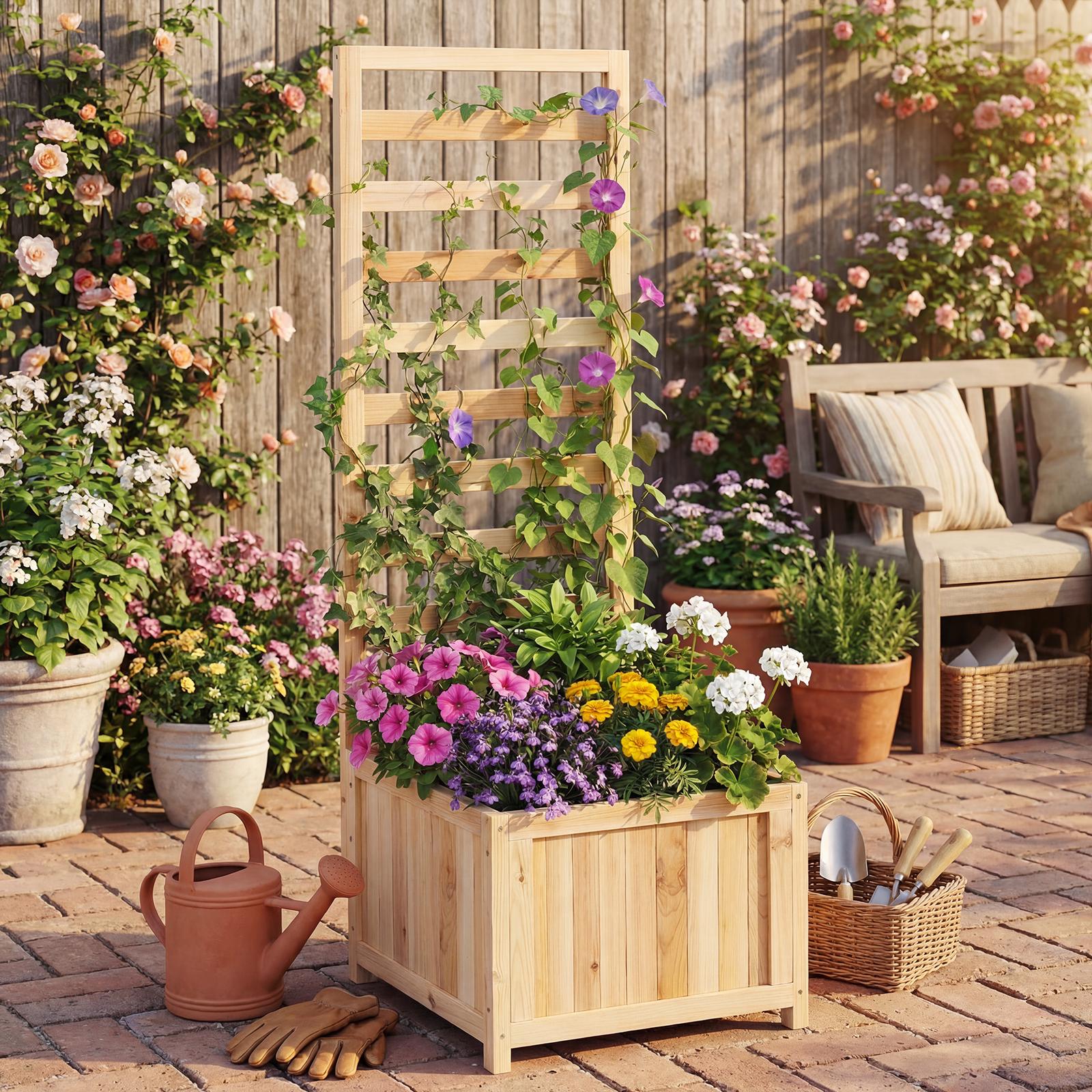 Image of Planter With Trellis, Cedar Wood Planter With Vertical Trellis, Drainage Hole And Deep Tray, Raised Outdoor Vegetable Garden For Climbing Plantsnatural