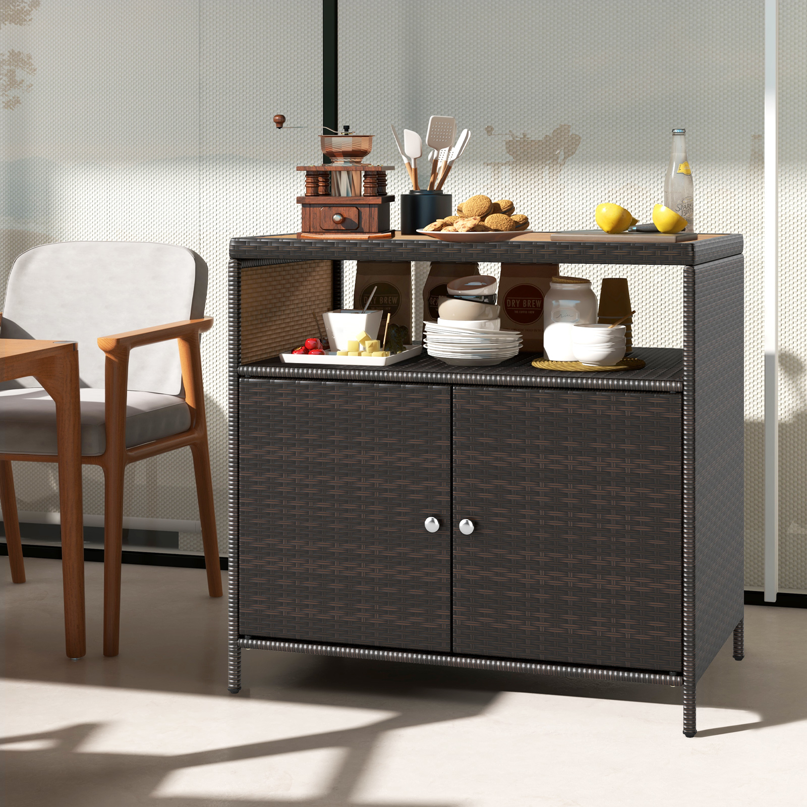Image of Patio Cabinet With Acacia Wood Top, Pe Rattan Buffet Sideboard With Open Shelf And 2 Doors, Outdoor Wicker Storage Organizer For Porch