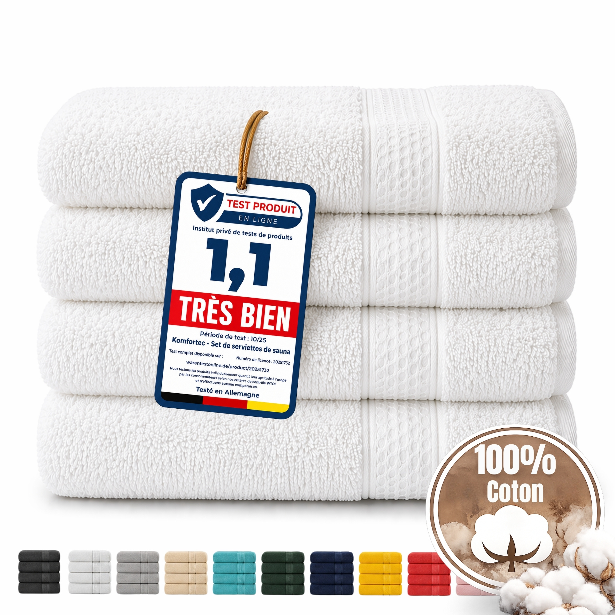 TEMU Parure de serviettes 4 pièces 100 % coton pour bain, douche et sauna – 4 tailles disponibles, 12 couleurs au choix, douces, absorbantes et