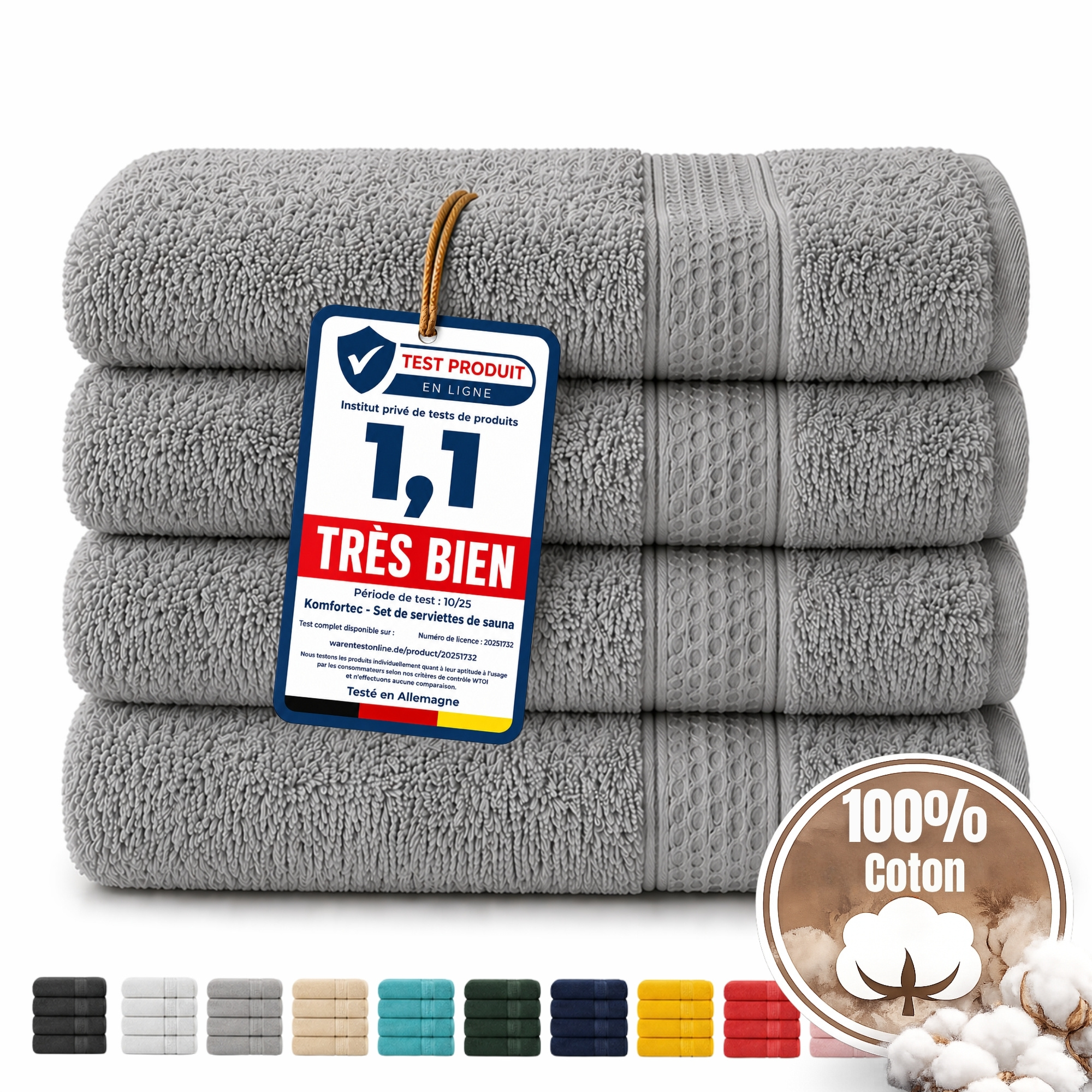 TEMU Parure de serviettes 4 pièces 100 % coton pour bain, douche et sauna – 4 tailles disponibles, 12 couleurs au choix, douces, absorbantes et