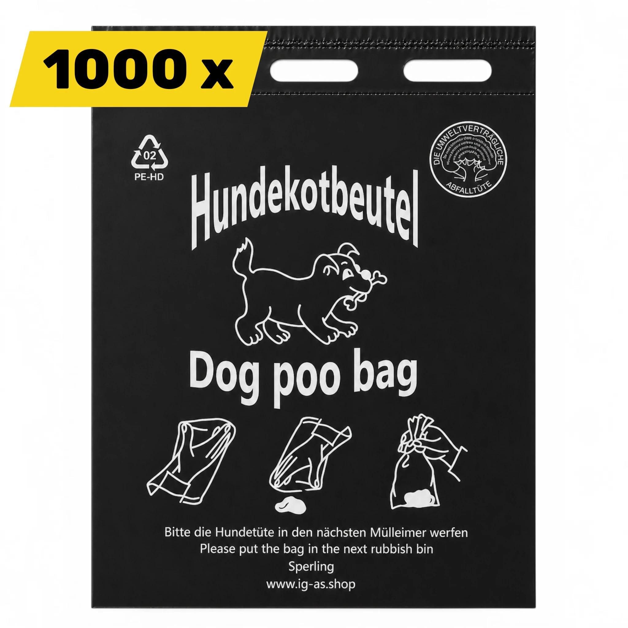 Image of 1000 Pieces - Dog Poop Bags In Black With White Print - Packed In Sets Of 100 - Tear-off - Thickness . 10µm - 20 X 32 Cm + 3 Edge - Sparrow