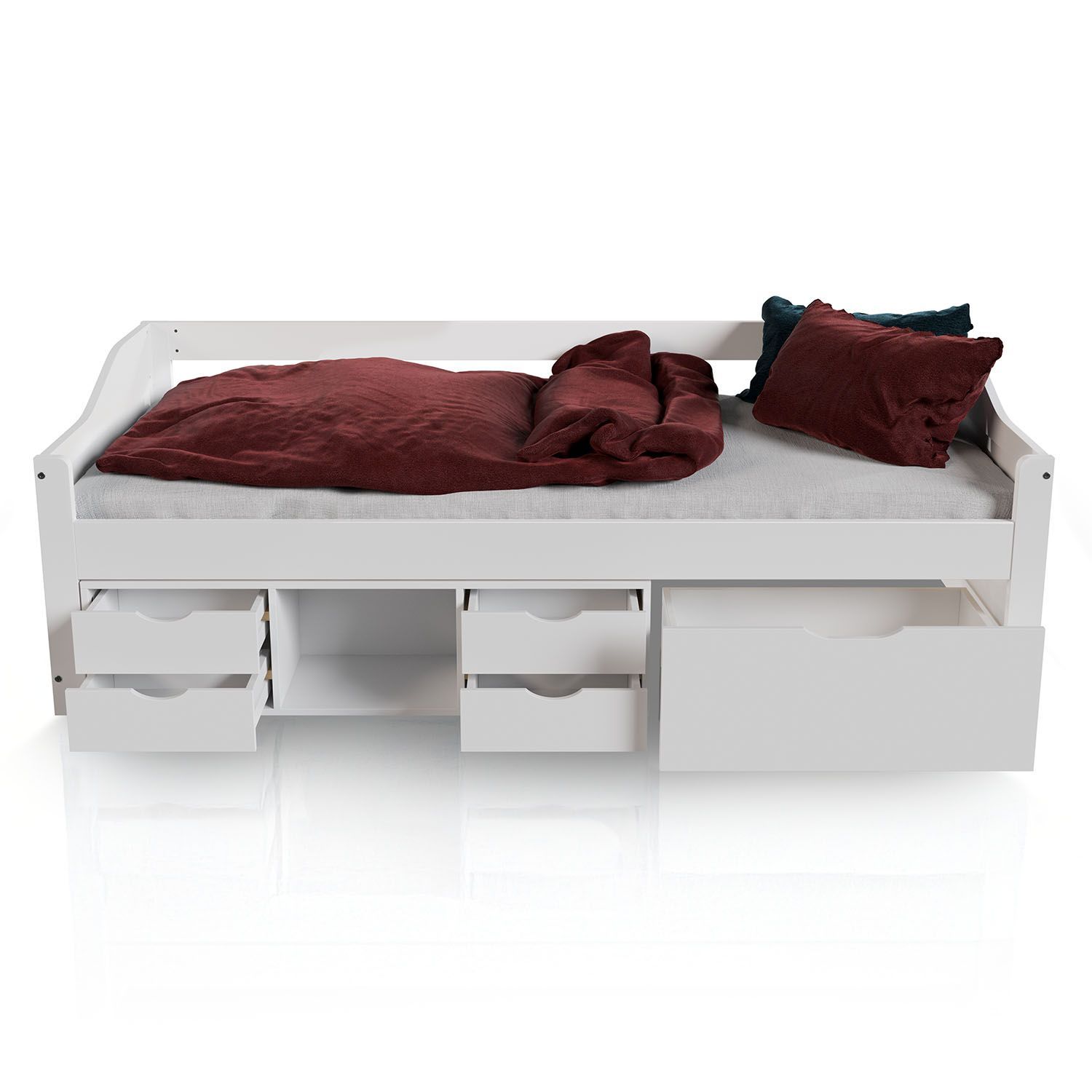 Image of Functional Bed 90x200 Cm Wooden Bed With Slatted Frame & Drawer Storage Bed For Children Youth Bed, Children's Bed, Guest Bed White, Versatile Day Bed With Storage Drawers And Open Shelf