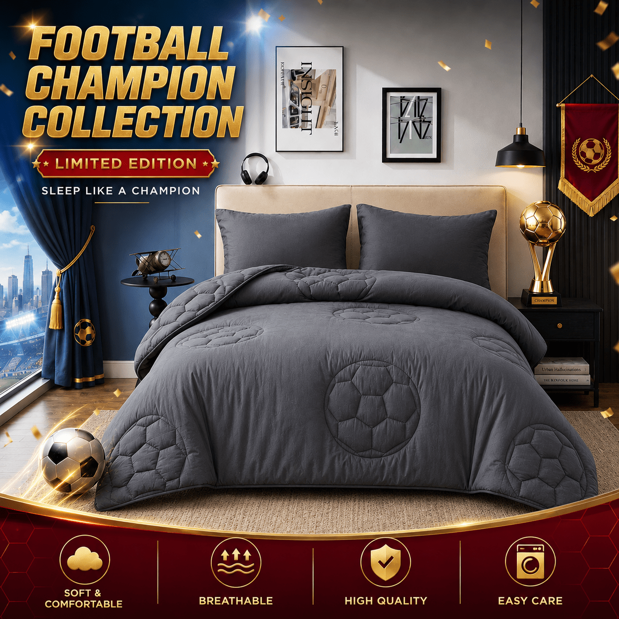 TEMU Football Coverless Duvet 10.5 Tog | Soft Bedding Set With Pillow Cases | Machine Washable