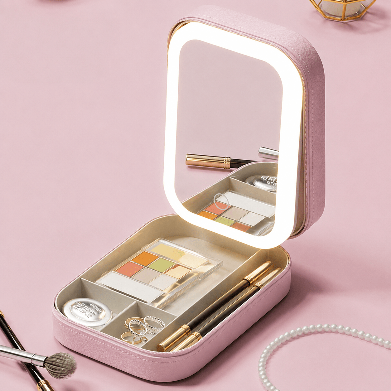 TEMU Large Capacity Portable High-end Makeup Case With Built-in Magnifying Beauty Mirror, Waterproof Cosmetic Storage Bag For , Travel Cosmetic